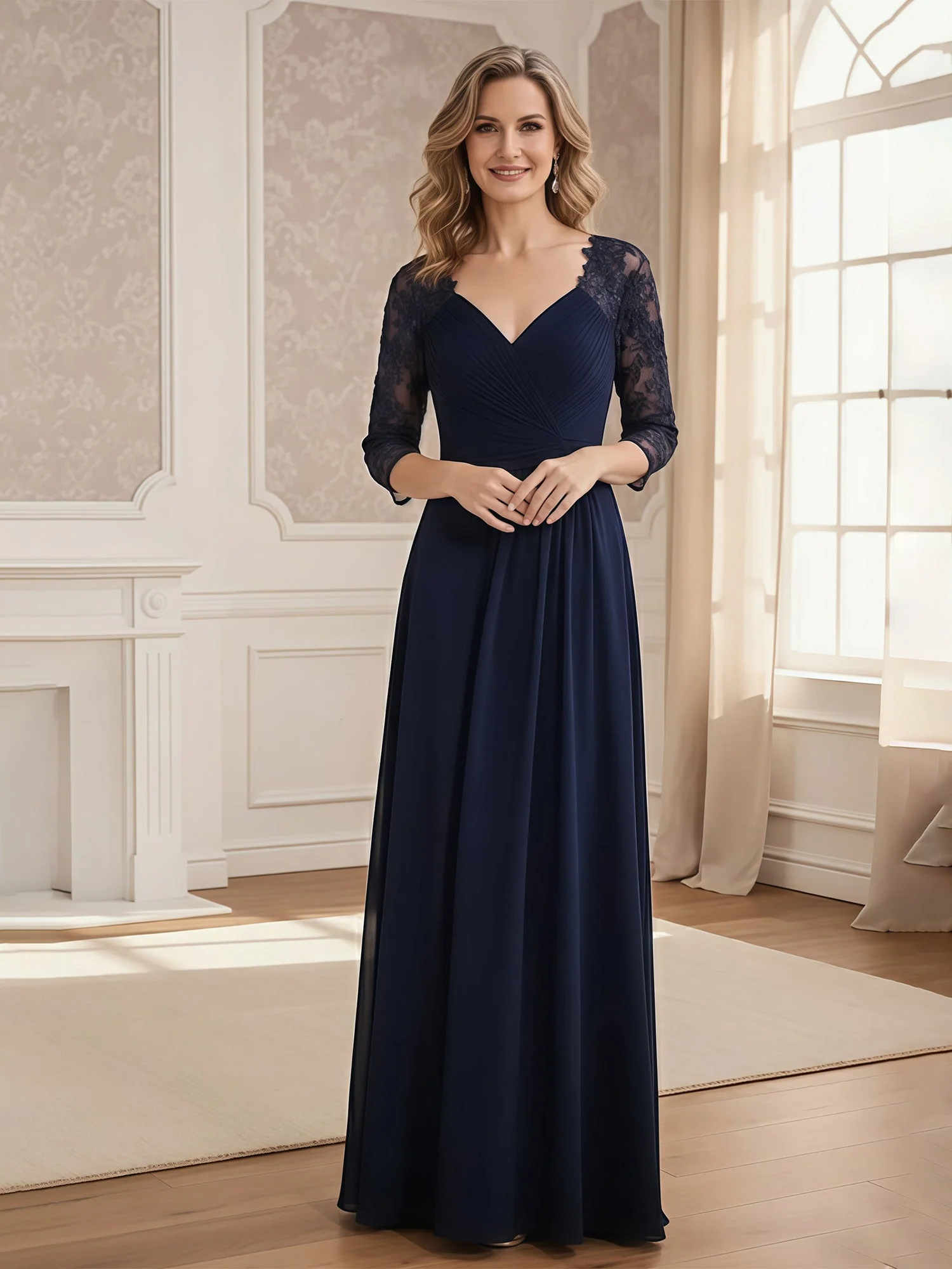 A-Line Lace Sleeves V-neck Chiffon Long Dress Cinnamon Rose