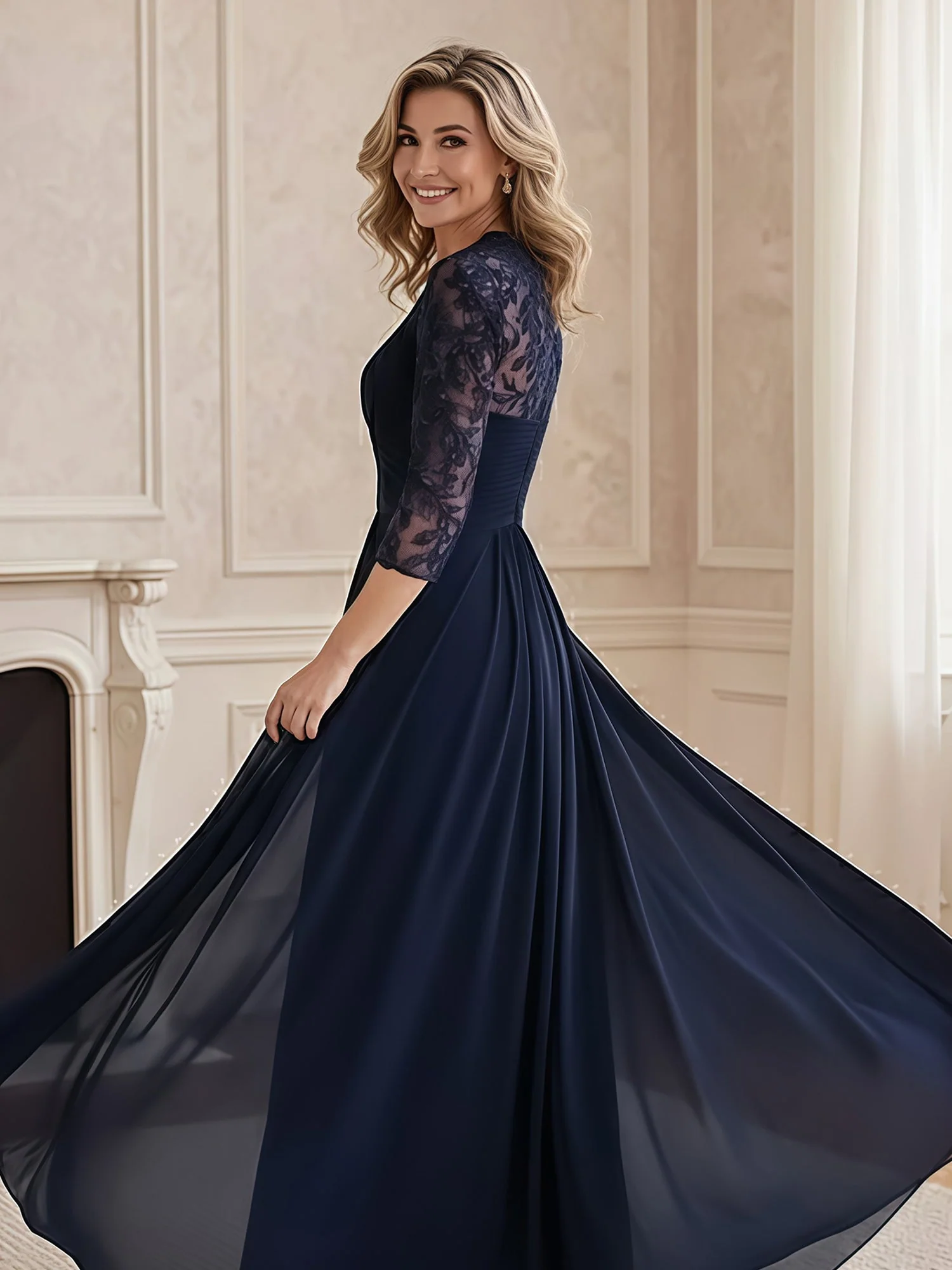 A-Line Lace Sleeves V-neck Chiffon Long Dress Cinnamon Rose - Image 2