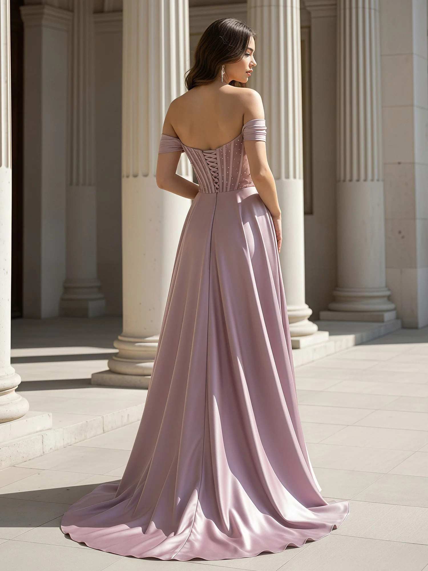 A-Line Off-Shoulder Satin Gown With Sweep Train Vintage Mauve - Image 2