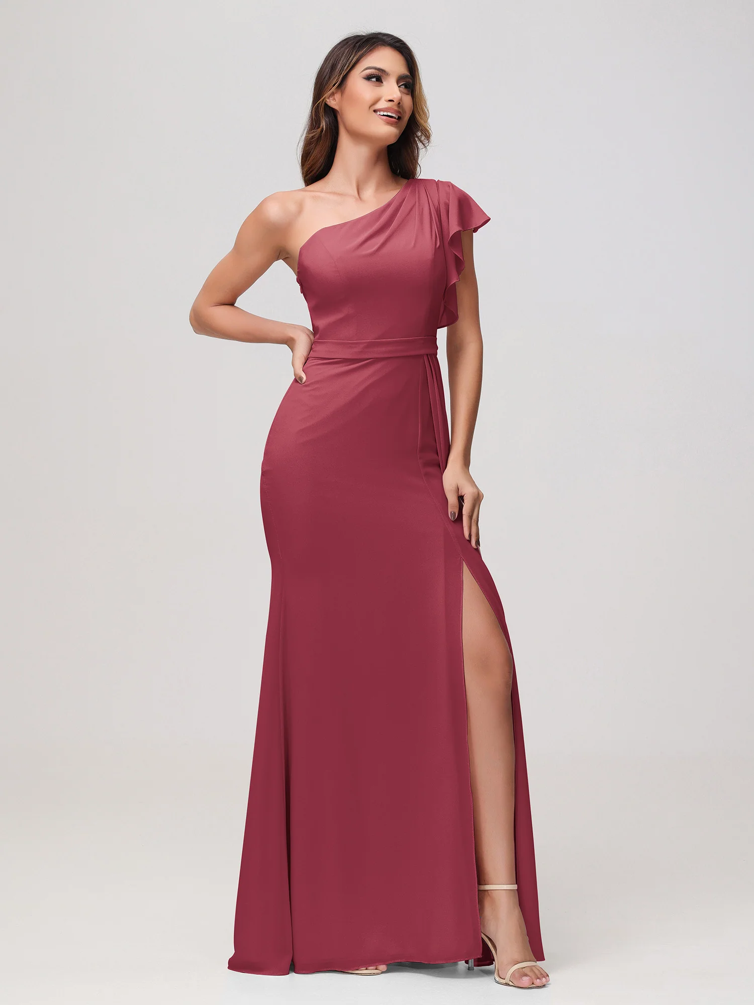 A-Line One Shoulder Sheath Dress Cinnamon Rose - Image 3