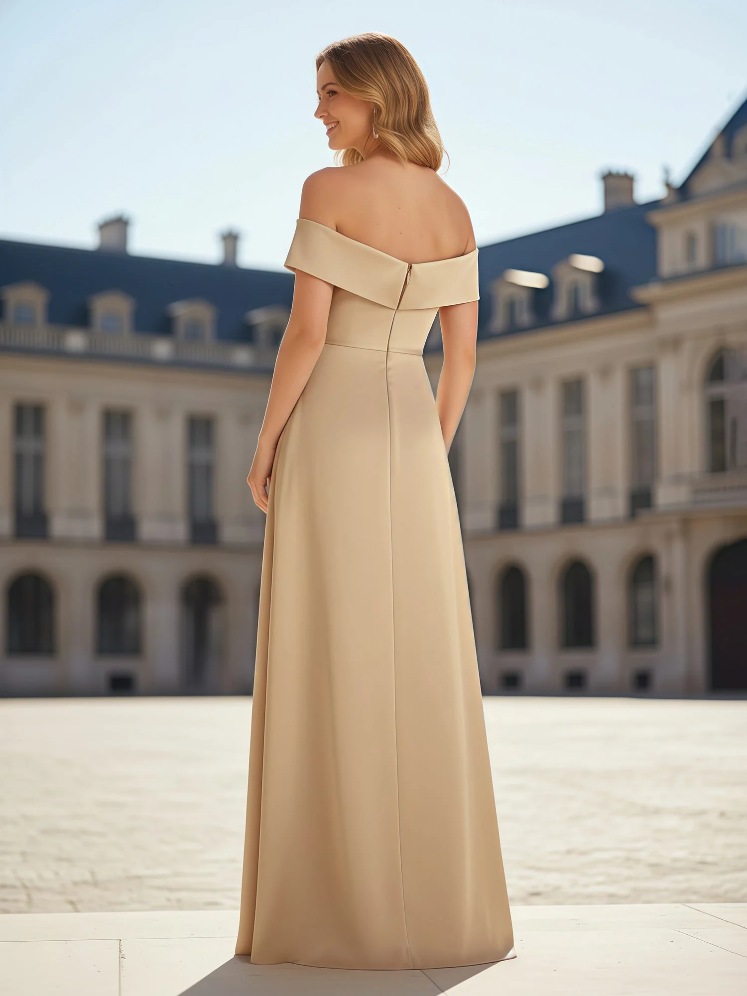 A-Line Pleated Off-the-shoulder Long Dress With Slit Champagne Azalea - Image 2