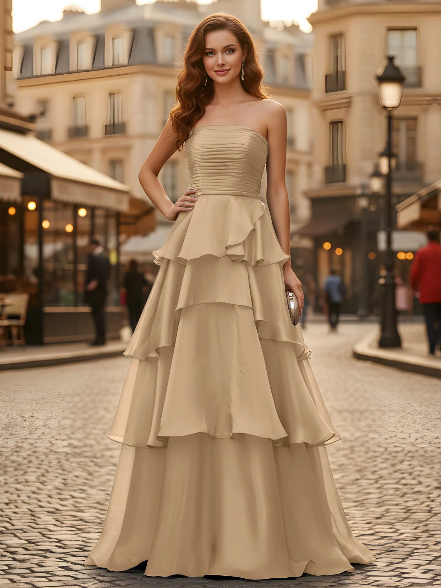 A-line Pleated Strapless Tiered Long Dress Champagne