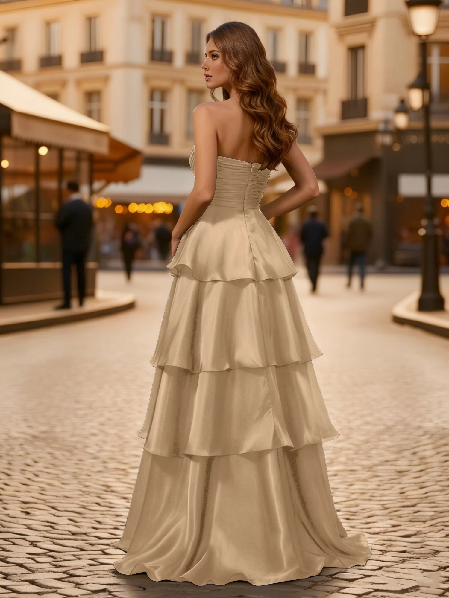 A-line Pleated Strapless Tiered Long Dress Champagne - Image 2