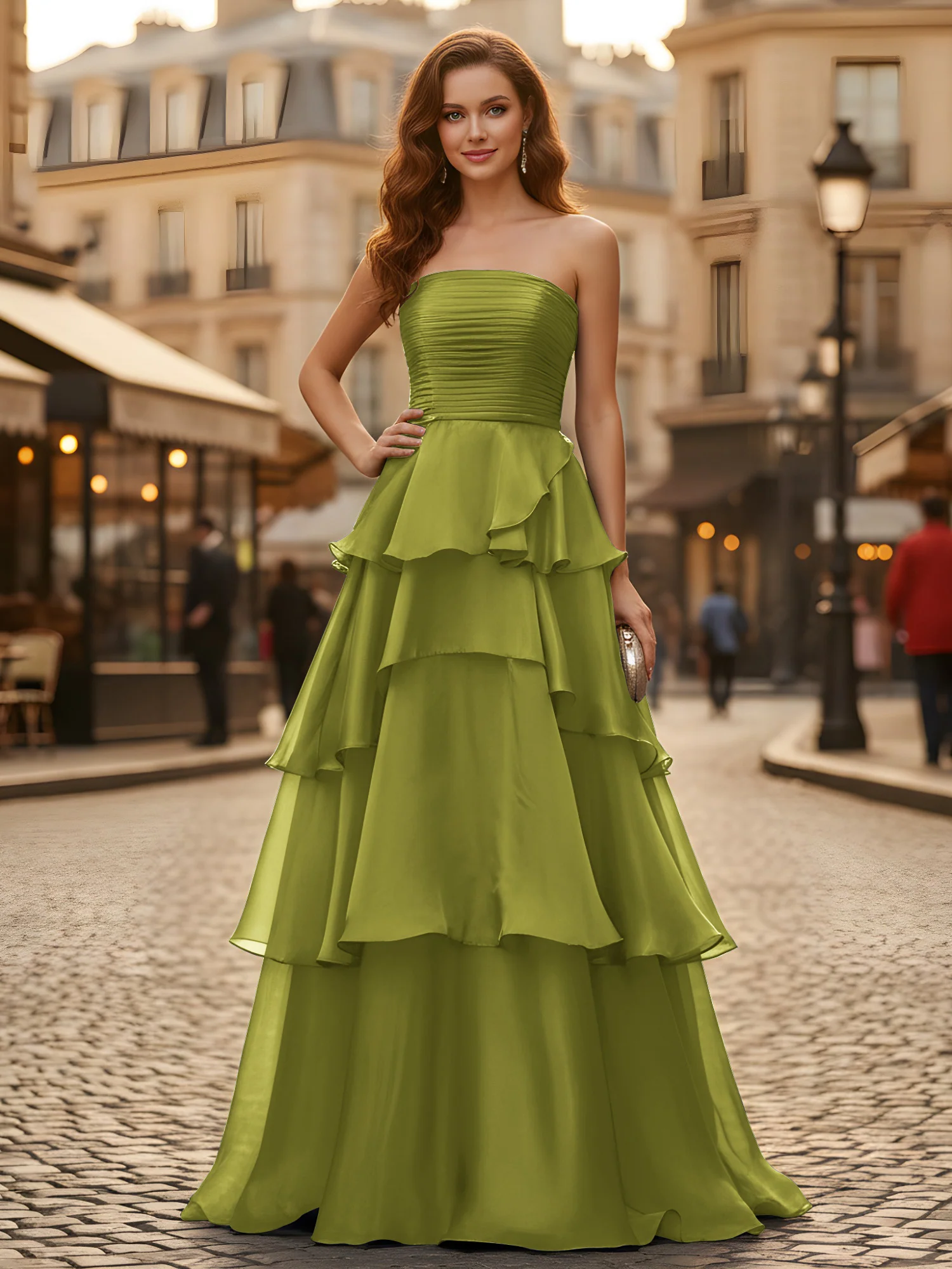 A-line Pleated Strapless Tiered Long Dress Clover