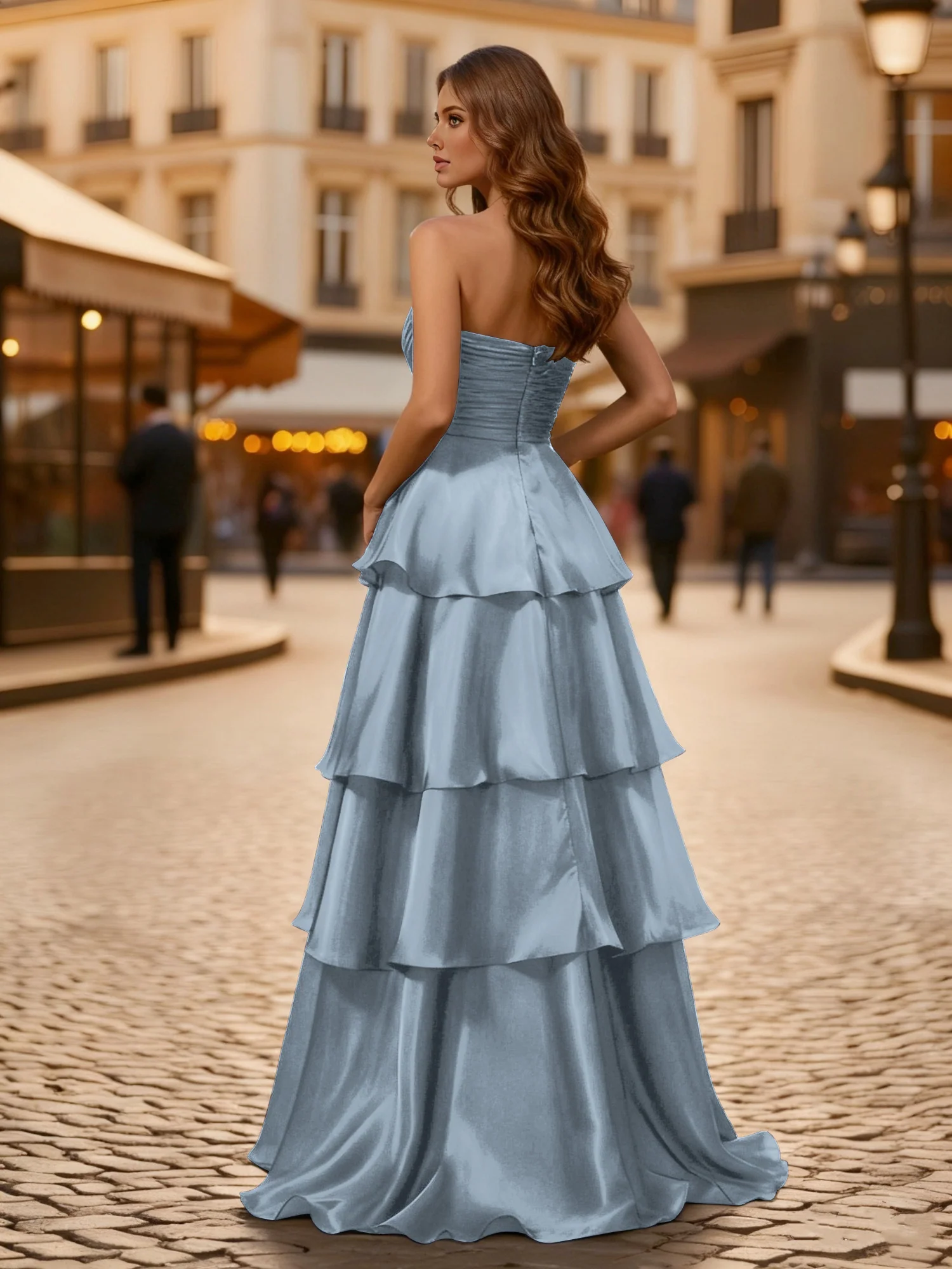 A-line Pleated Strapless Tiered Long Dress Dusty Blue - Image 2
