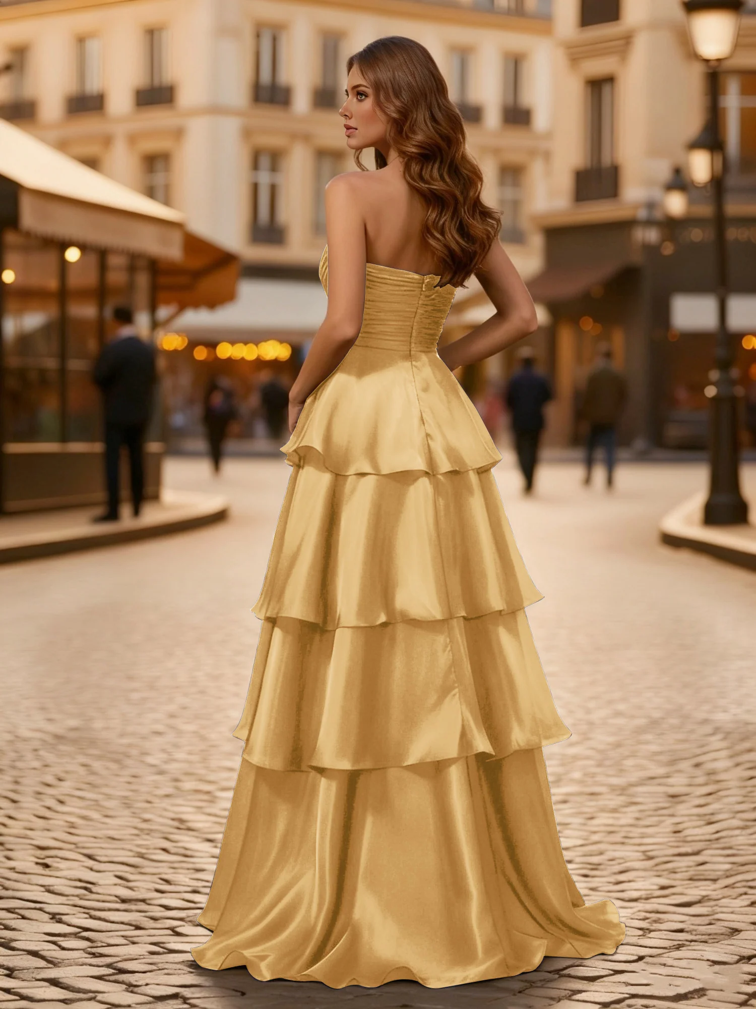 A-line Pleated Strapless Tiered Long Dress Gold - Image 2