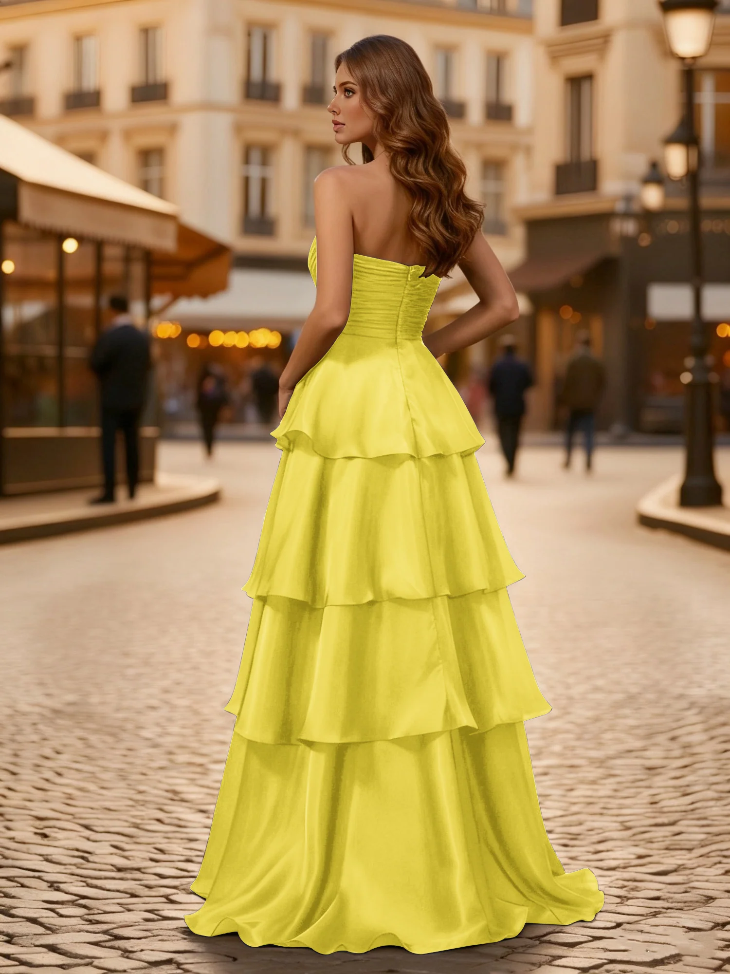 A-line Pleated Strapless Tiered Long Dress Lemon - Image 2