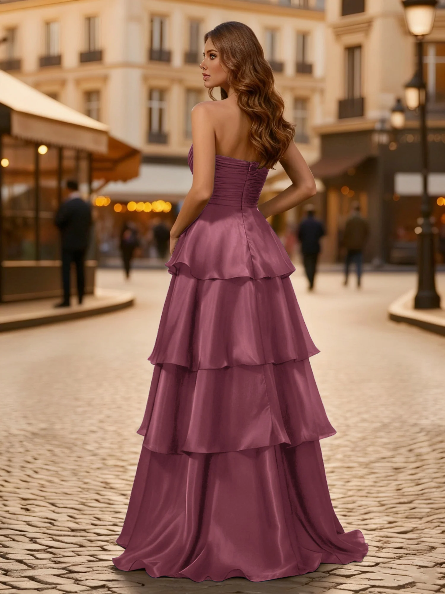 A-line Pleated Strapless Tiered Long Dress Mulberry - Image 2