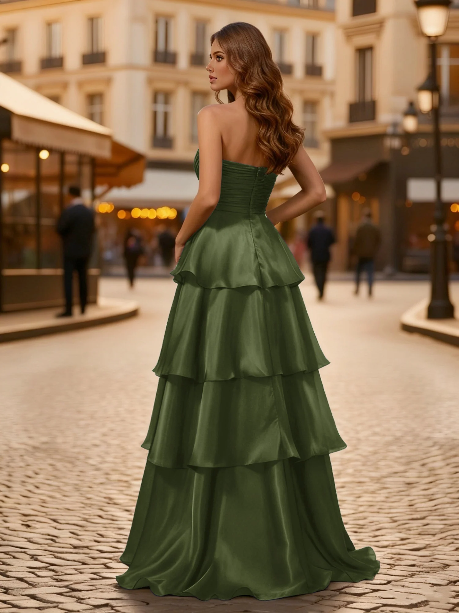 A-line Pleated Strapless Tiered Long Dress Olive Green - Image 2