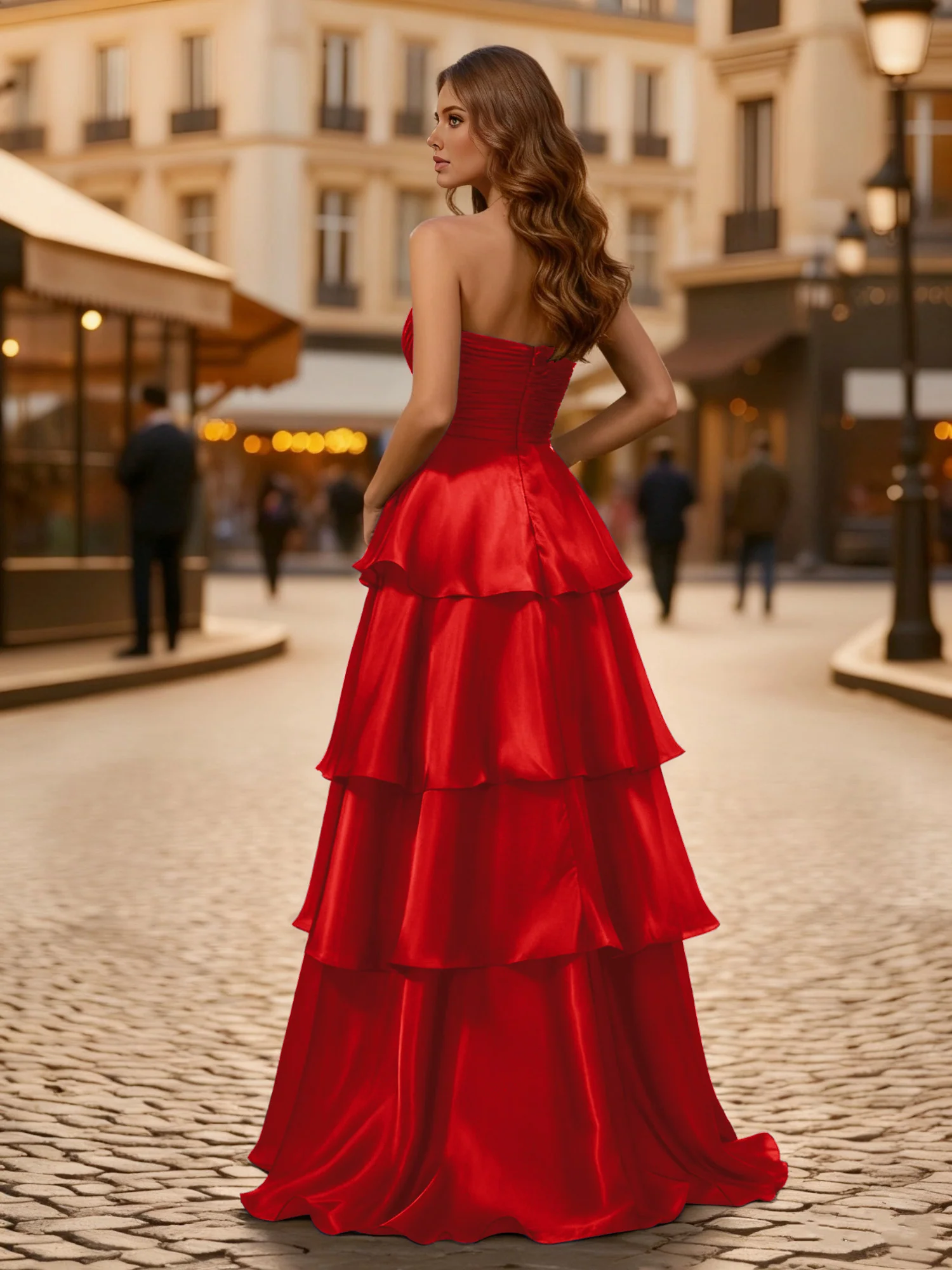 A-line Pleated Strapless Tiered Long Dress Red - Image 2