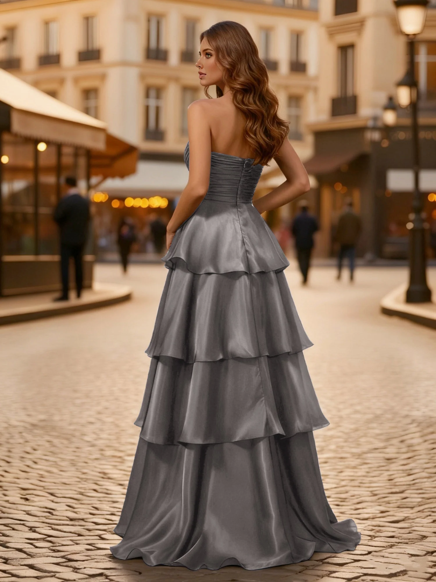 A-line Pleated Strapless Tiered Long Dress Steel Grey - Image 2