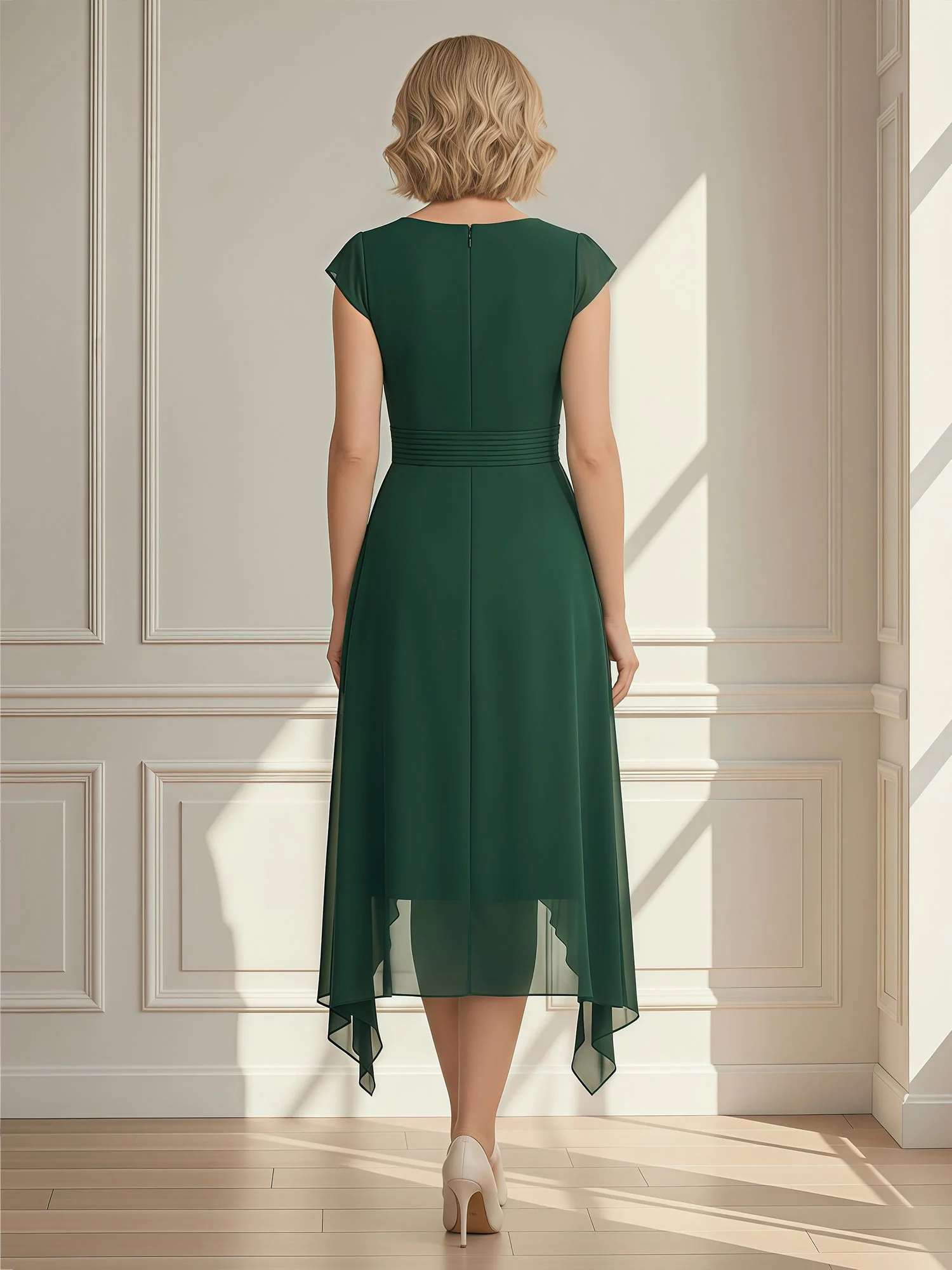 A-Line Pleated V-neck Chiffon Asymmetrical Dress Steel Grey - Image 2
