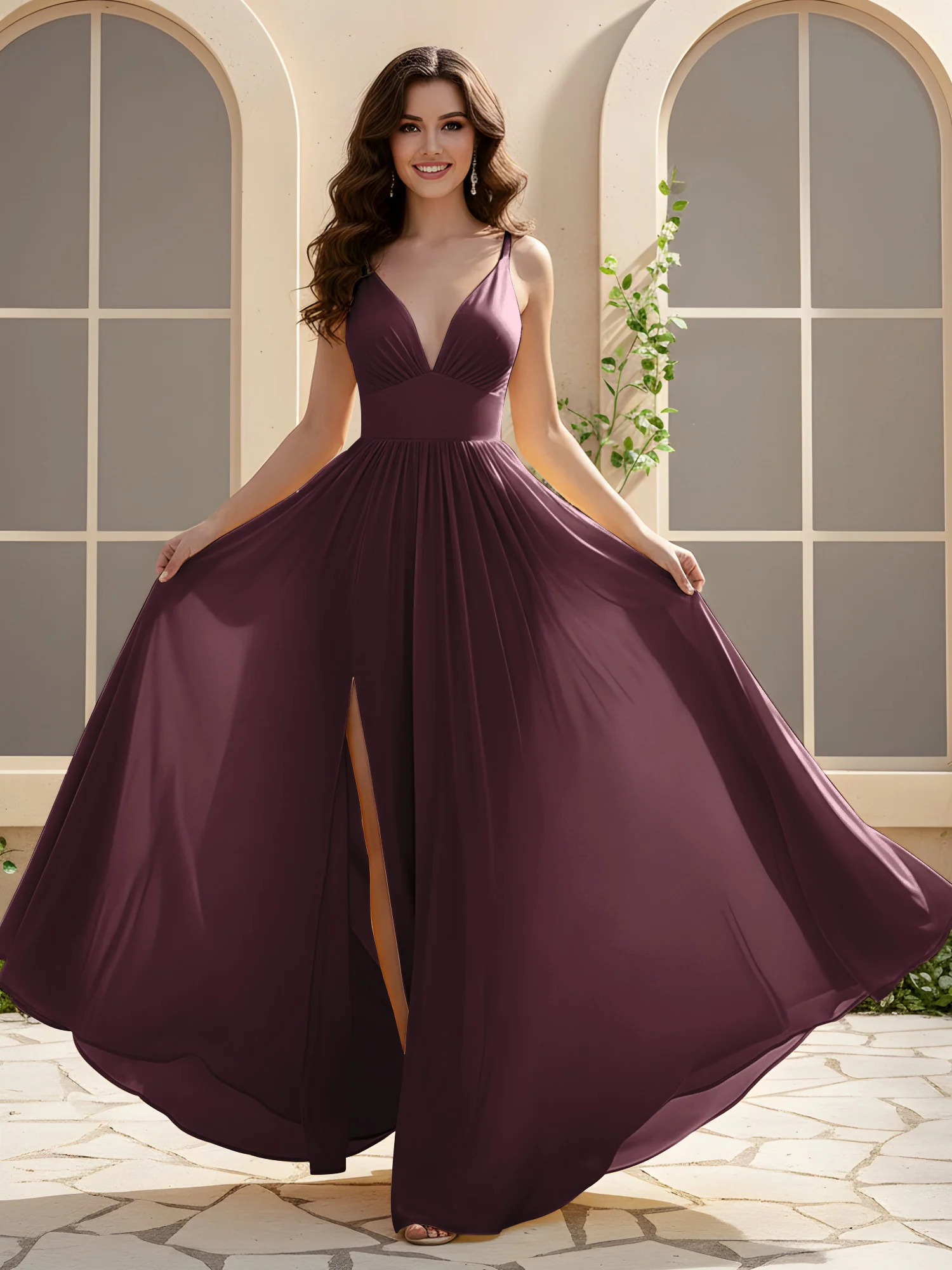 A-Line Pleated V-neck Long Dress With Slit Cabernet