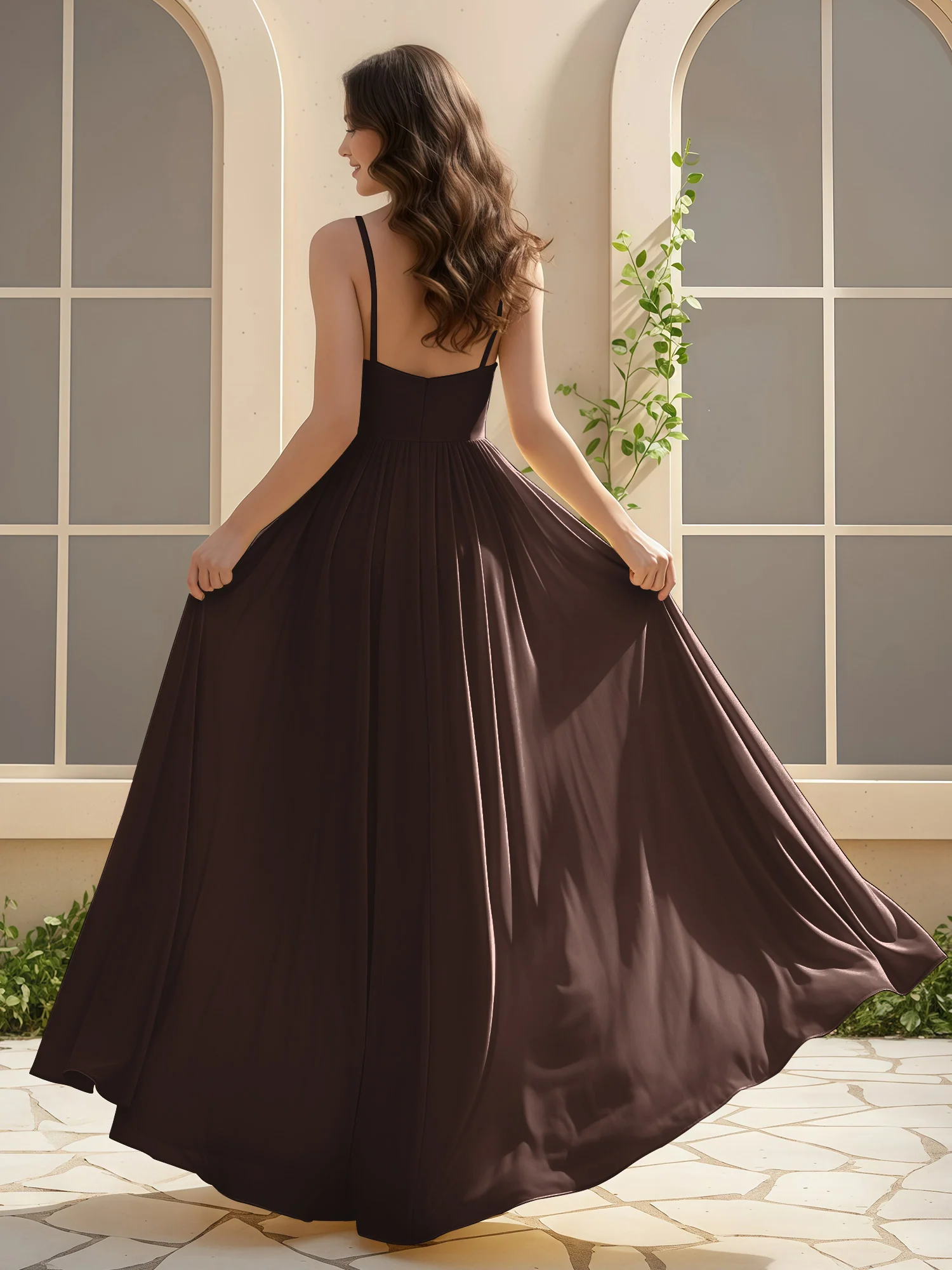 A-Line Pleated V-neck Long Dress With Slit Chocolate - Image 2