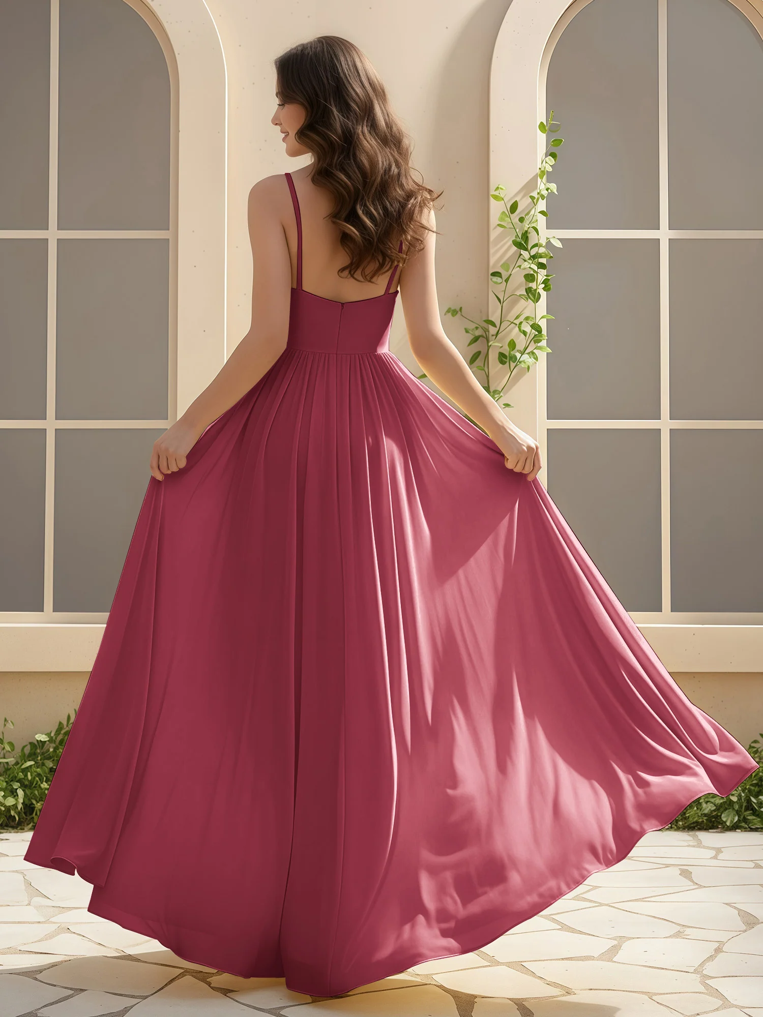 A-Line Pleated V-neck Long Dress With Slit Cinnamon Rose - Image 2