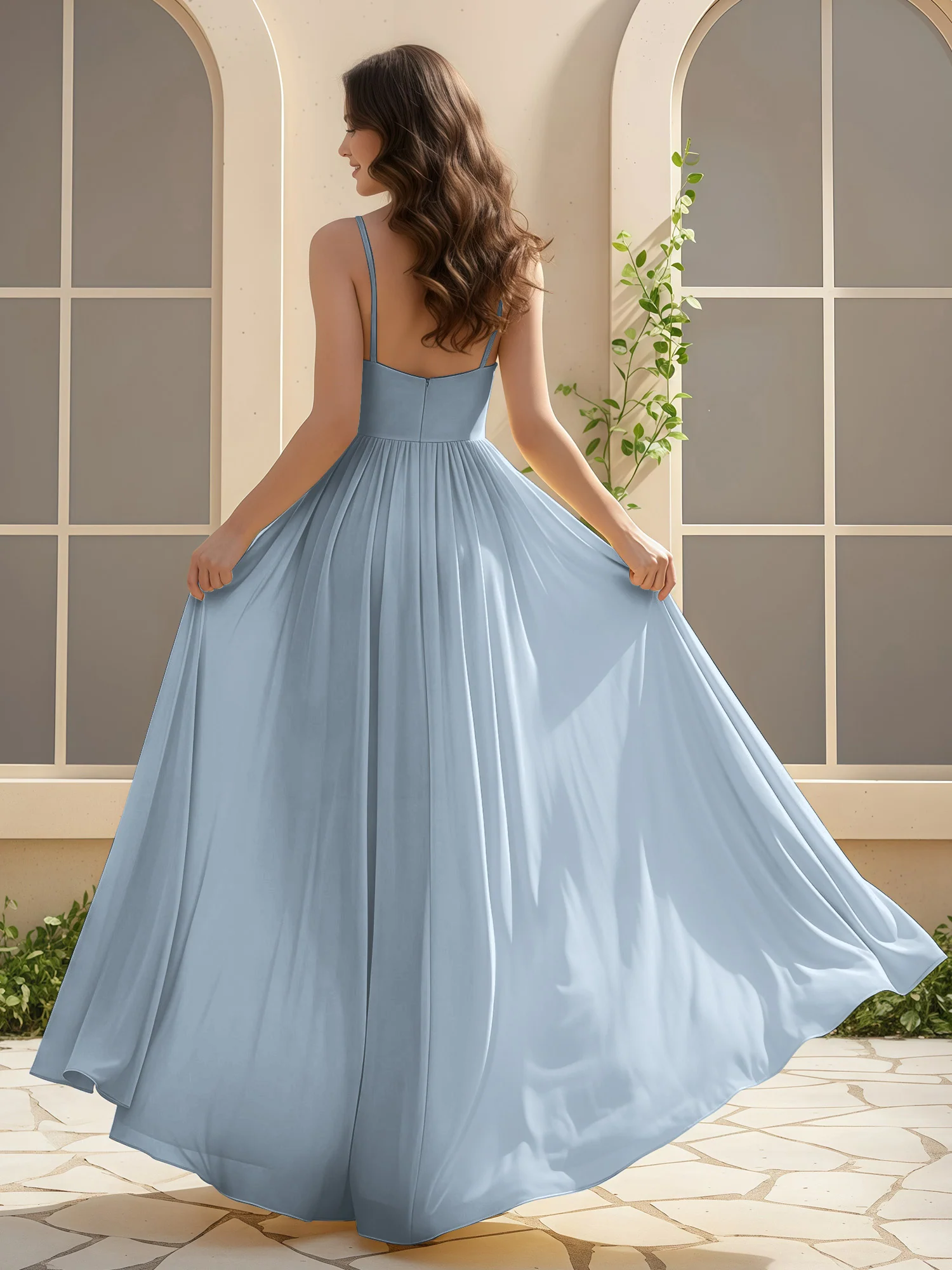 A-Line Pleated V-neck Long Dress With Slit Dusty Blue - Image 2