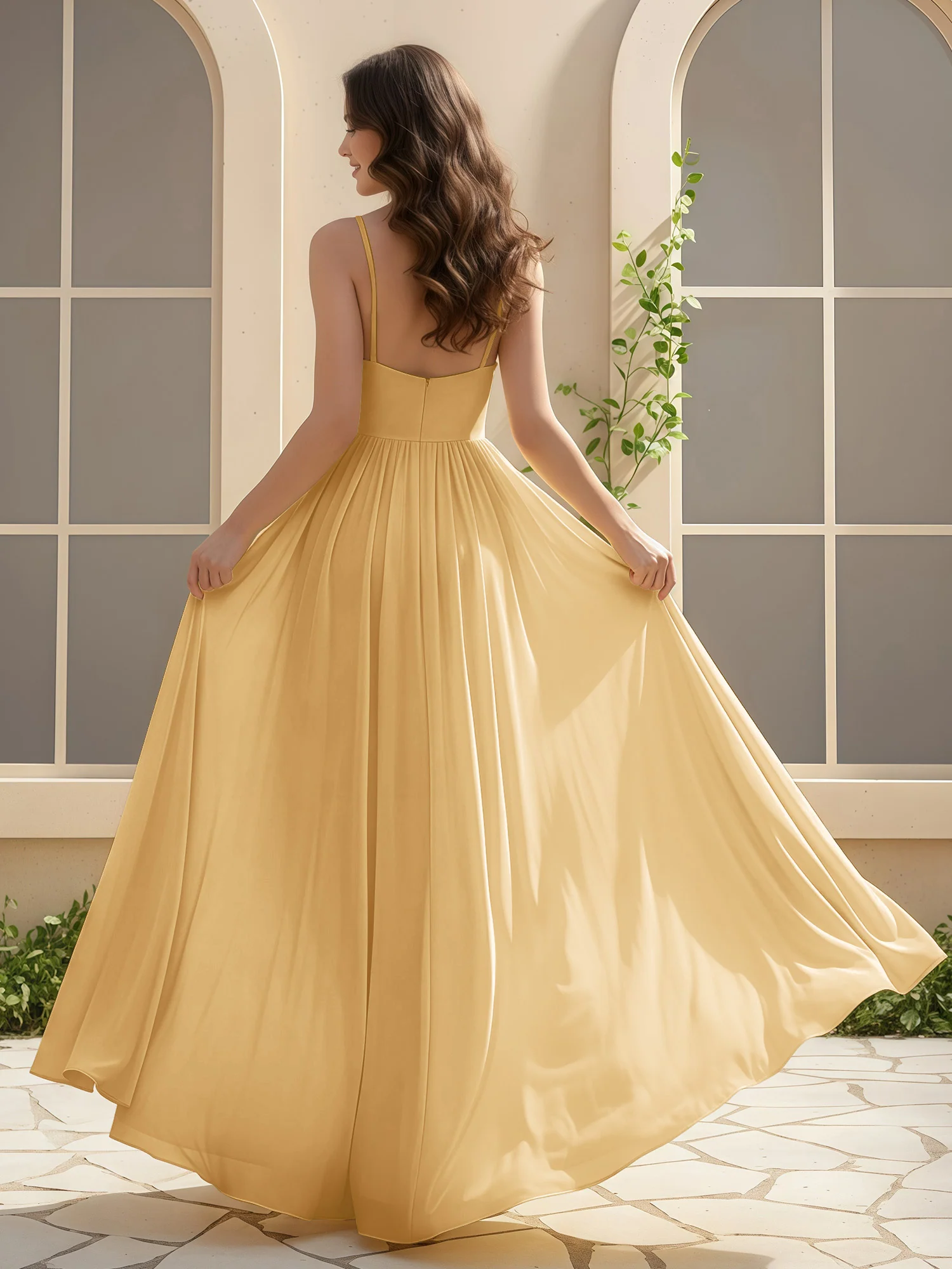A-Line Pleated V-neck Long Dress With Slit Gold - Image 2