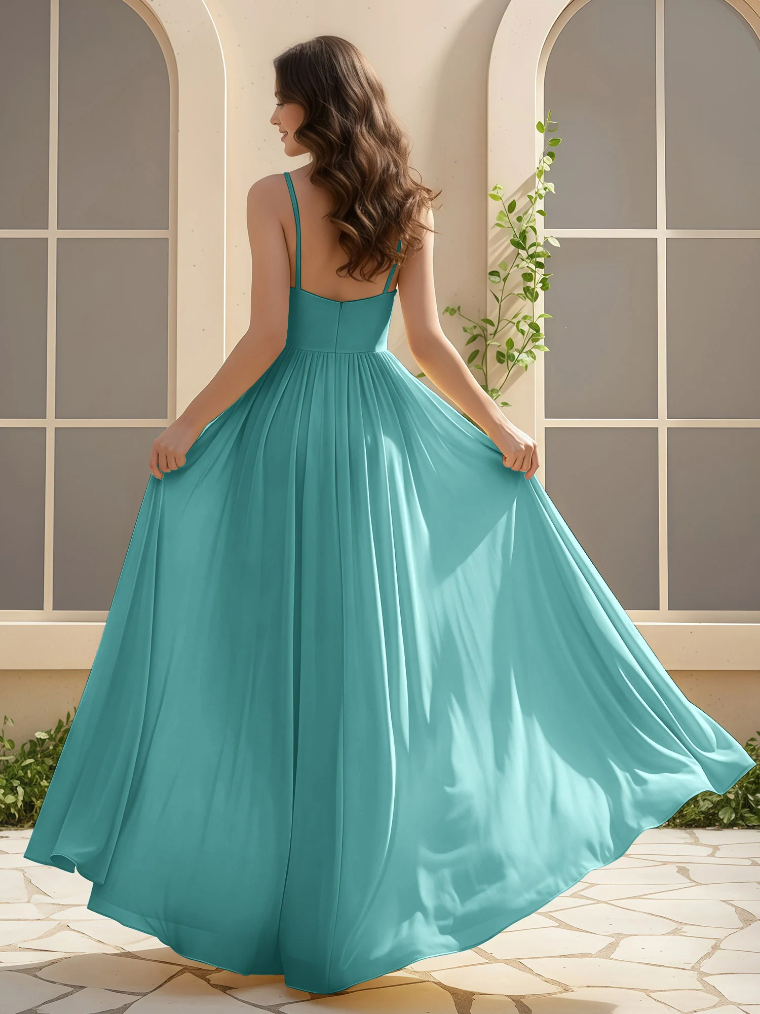 A-Line Pleated V-neck Long Dress With Slit Jade - Image 2