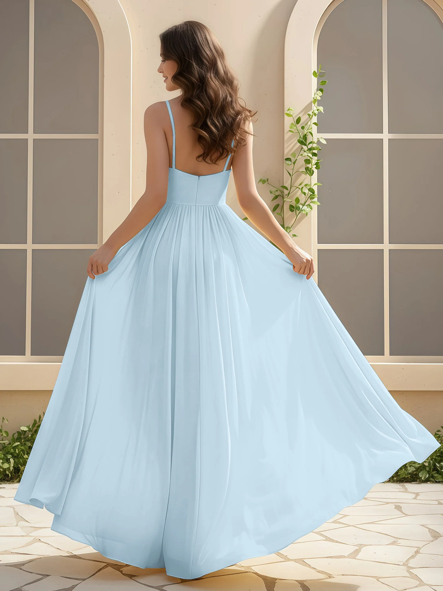 A-Line Pleated V-neck Long Dress With Slit Sky Blue - Image 2