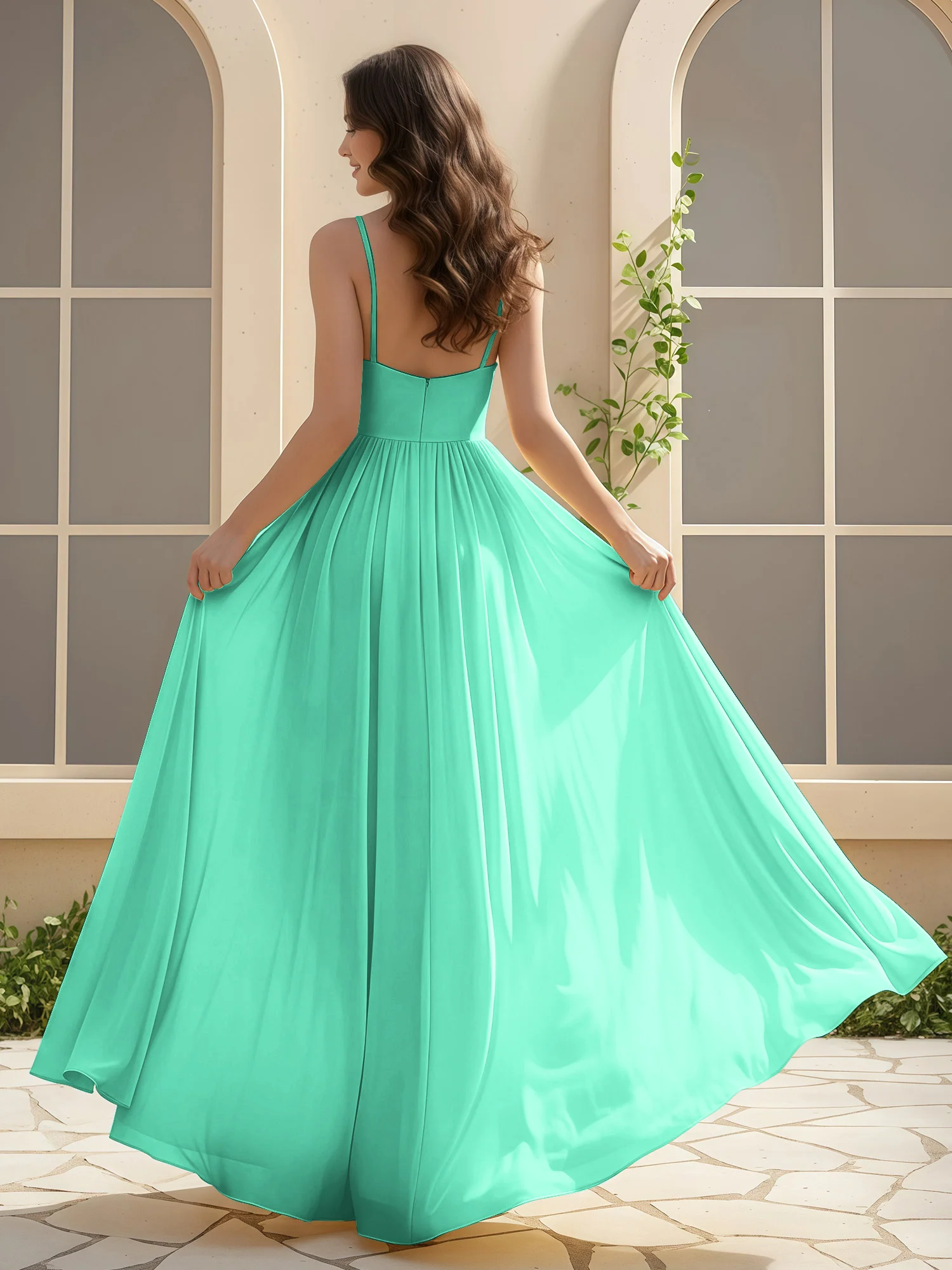 A-Line Pleated V-neck Long Dress With Slit Turquoise - Image 2