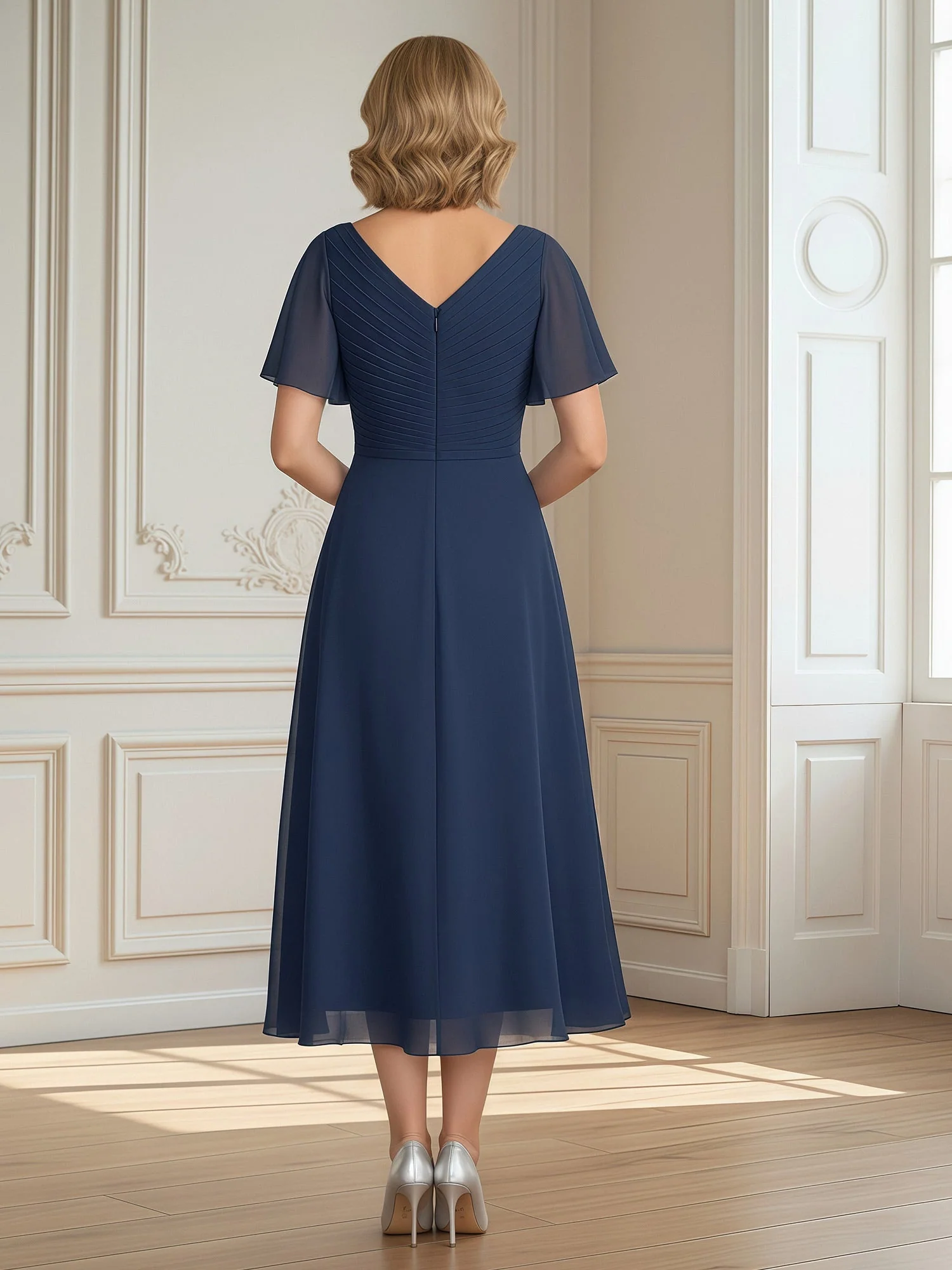 A-Line Pleated V-neck Ruffles Chiffon Tea-Length Dress Candy Pink - Image 2