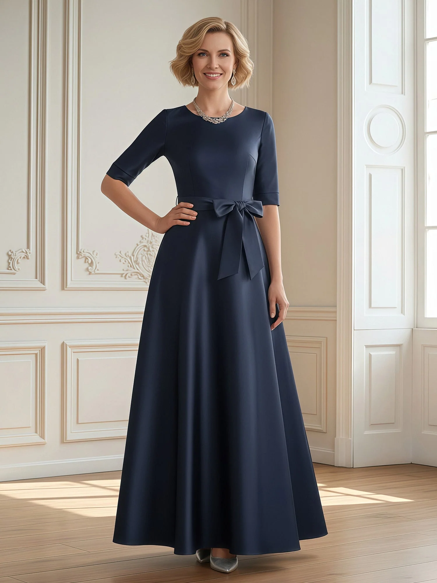 A-Line Scoop Half Sleeve Long Dress With Bow Dusty Blue