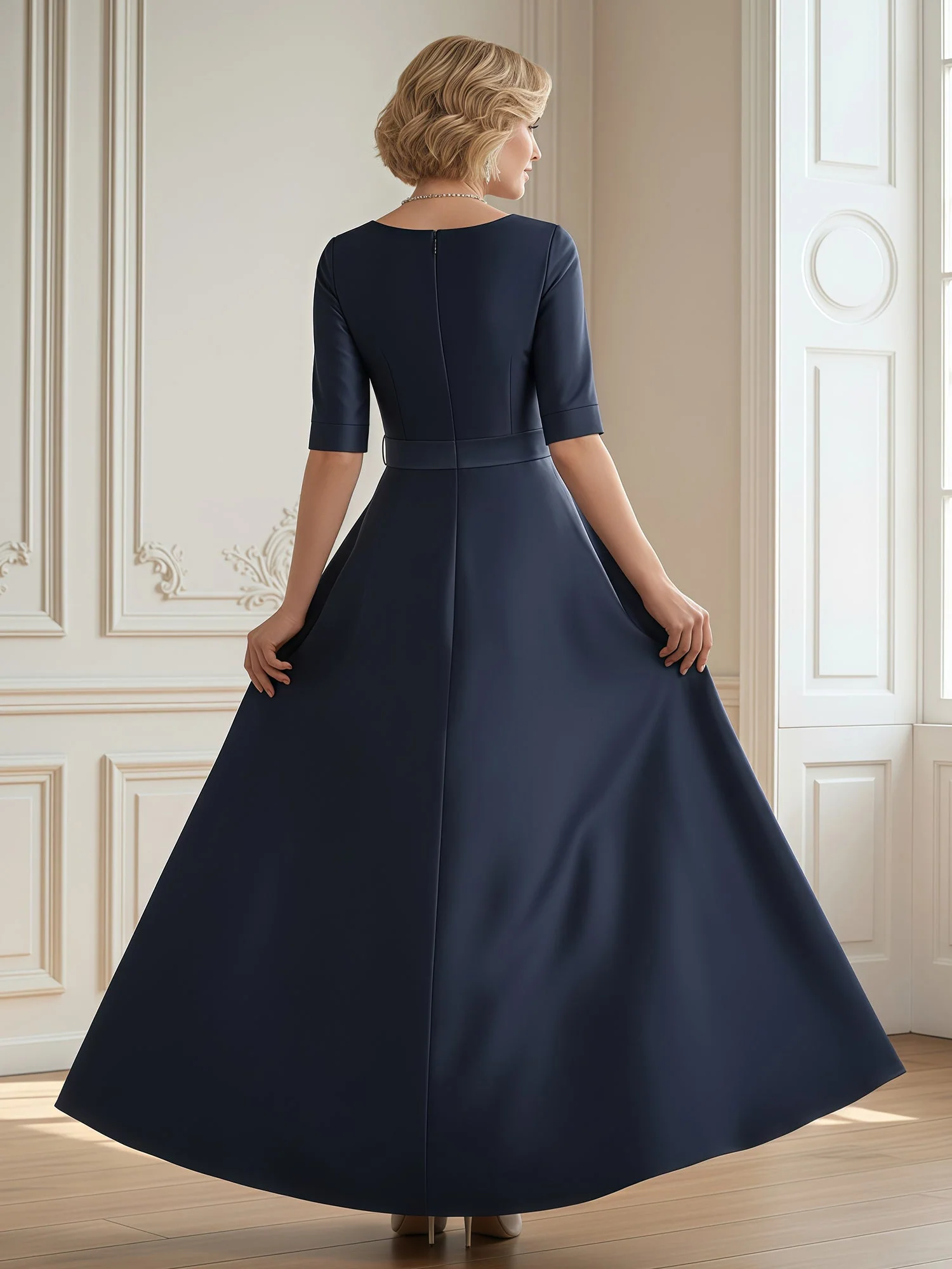 A-Line Scoop Half Sleeve Long Dress With Bow Orange - Image 2