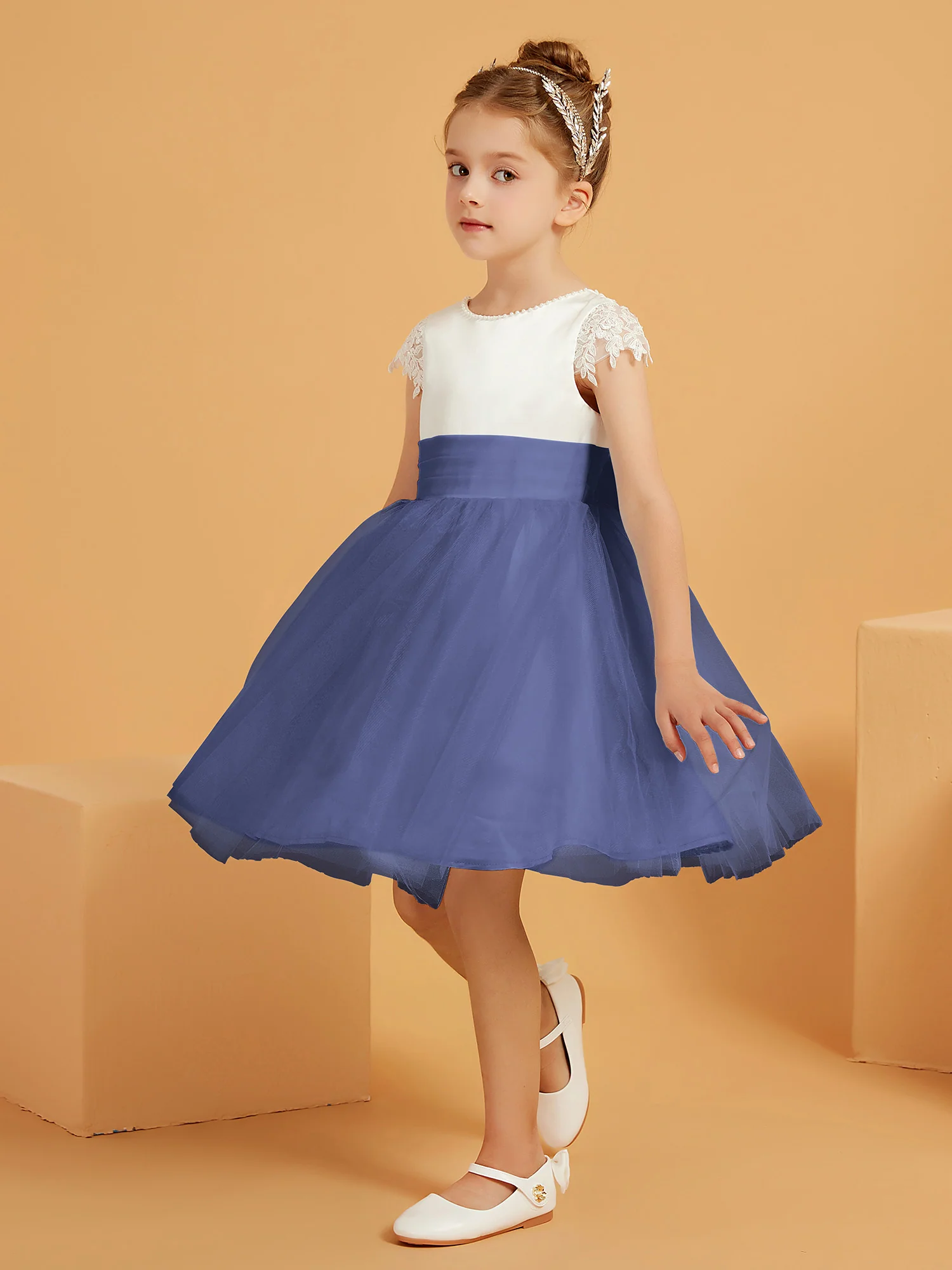 A-line Scoop Knee-Length Satin/Tulle Flower Girl Dress Periwinkle - Image 3