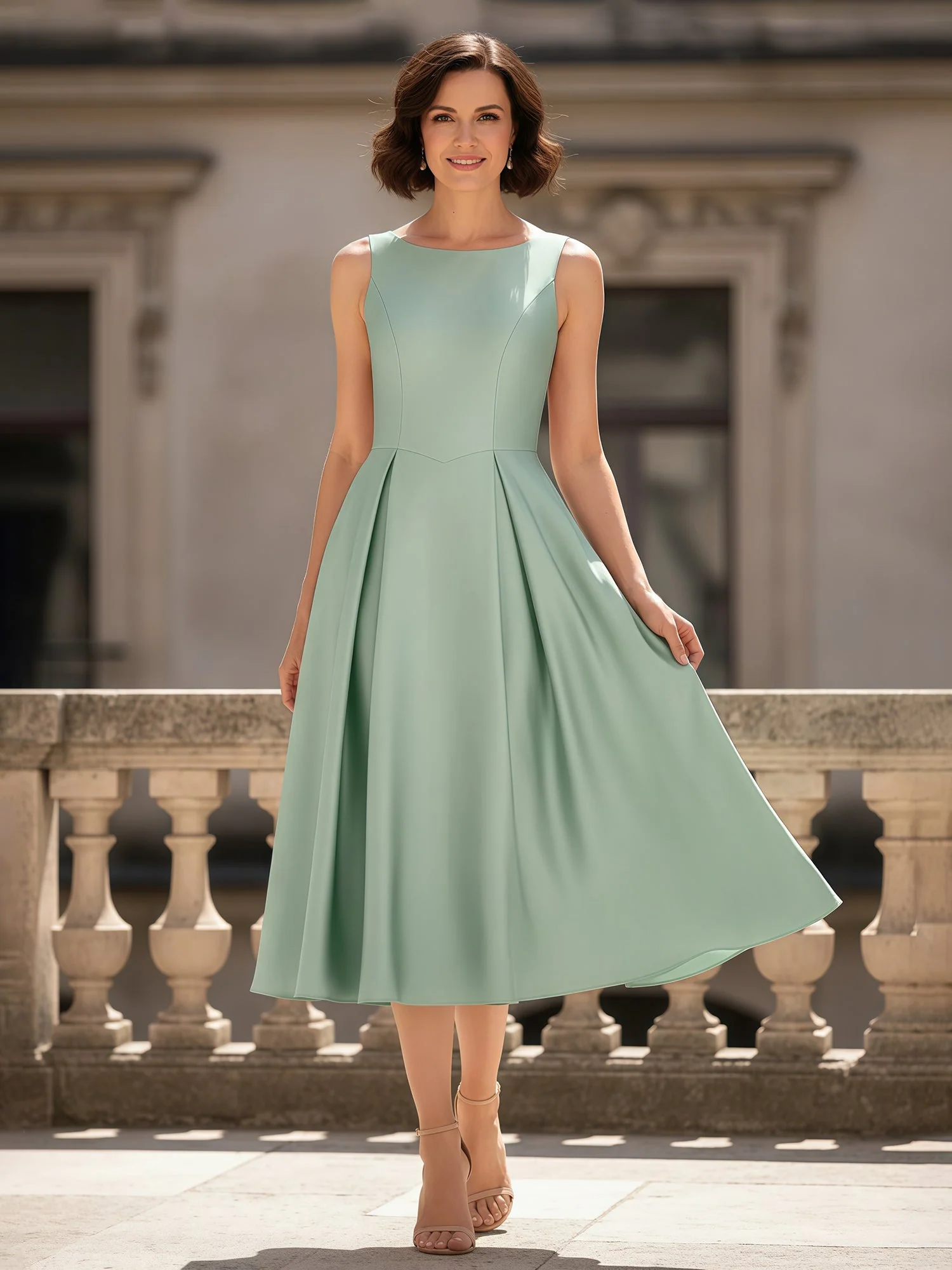 A-Line Scoop Neck Ruched Tea-Length Satin Dress Dark Green