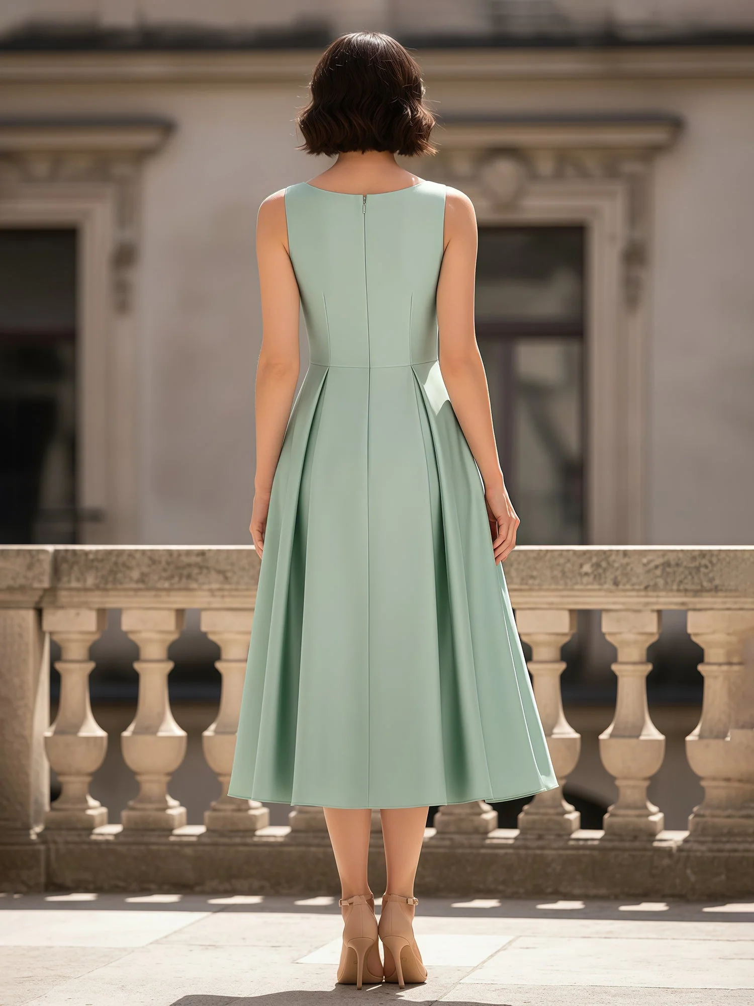 A-Line Scoop Neck Ruched Tea-Length Satin Dress Orange - Image 2