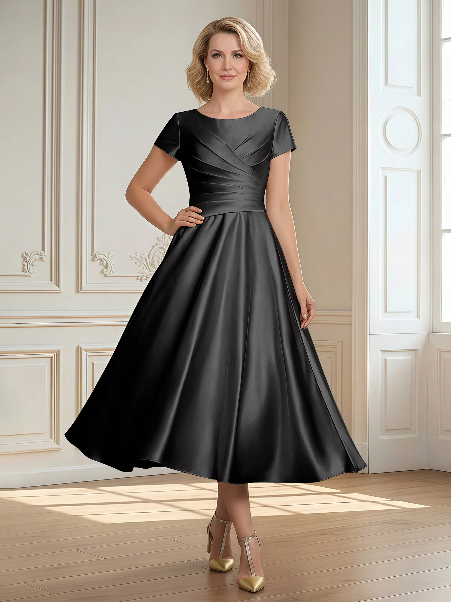 A-Line Scoop Satin Tea-Length Dress With Pleated Black
