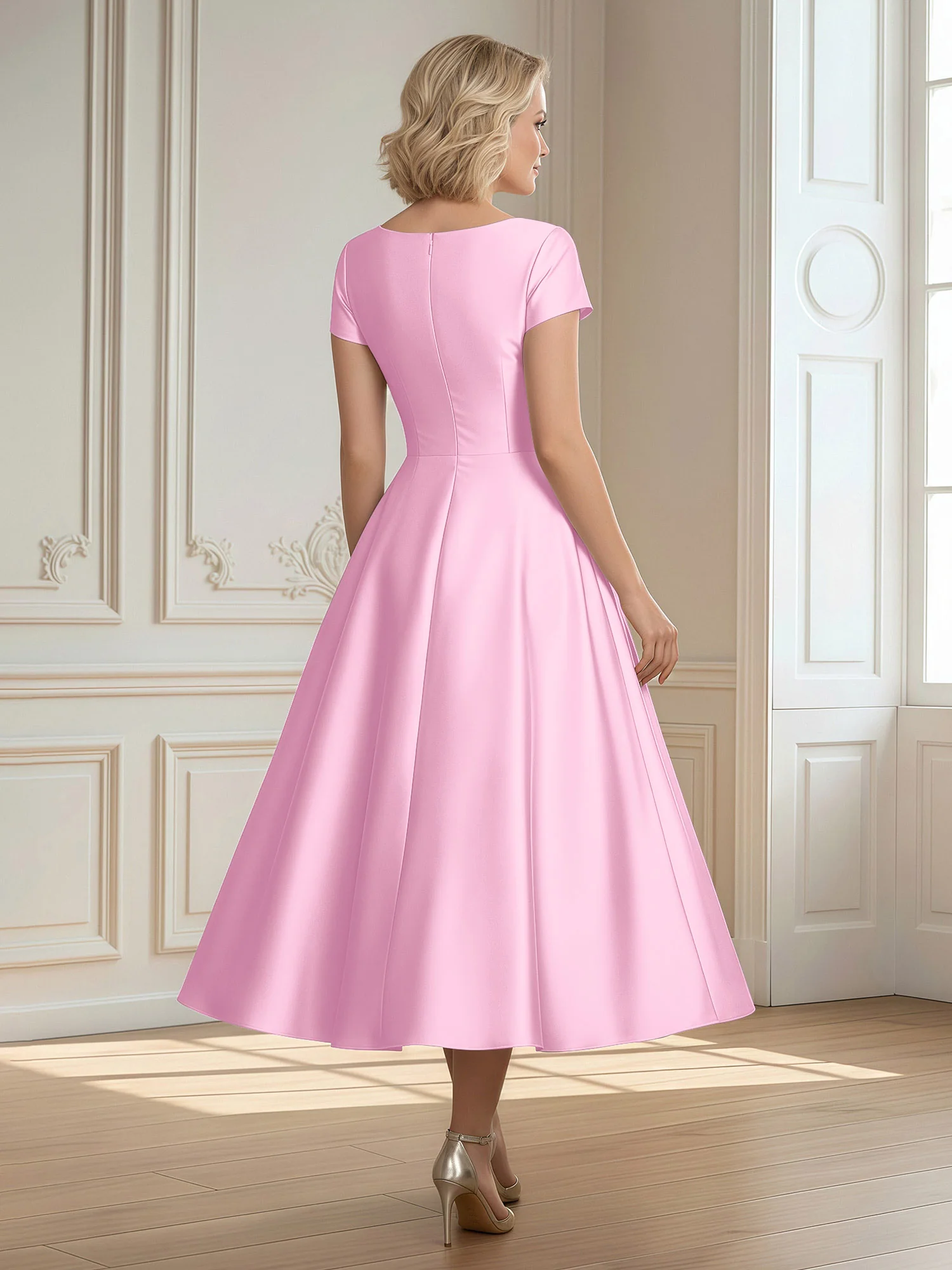 A-Line Scoop Satin Tea-Length Dress With Pleated Candy Pink - Image 2