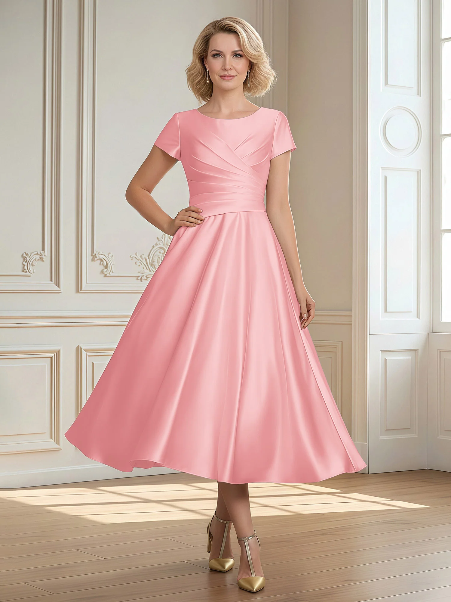 A-Line Scoop Satin Tea-Length Dress With Pleated Flamingo