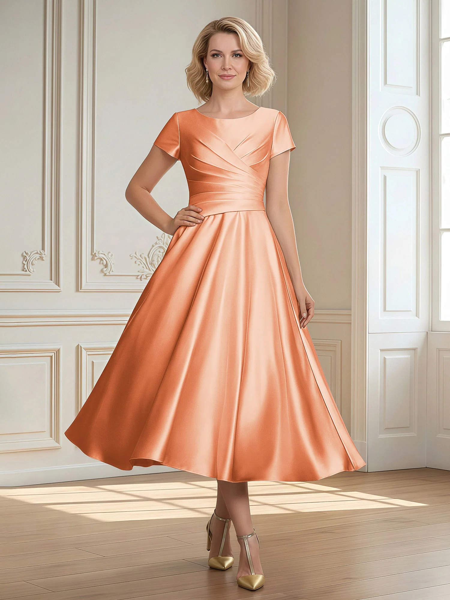 A-Line Scoop Satin Tea-Length Dress With Pleated Papaya