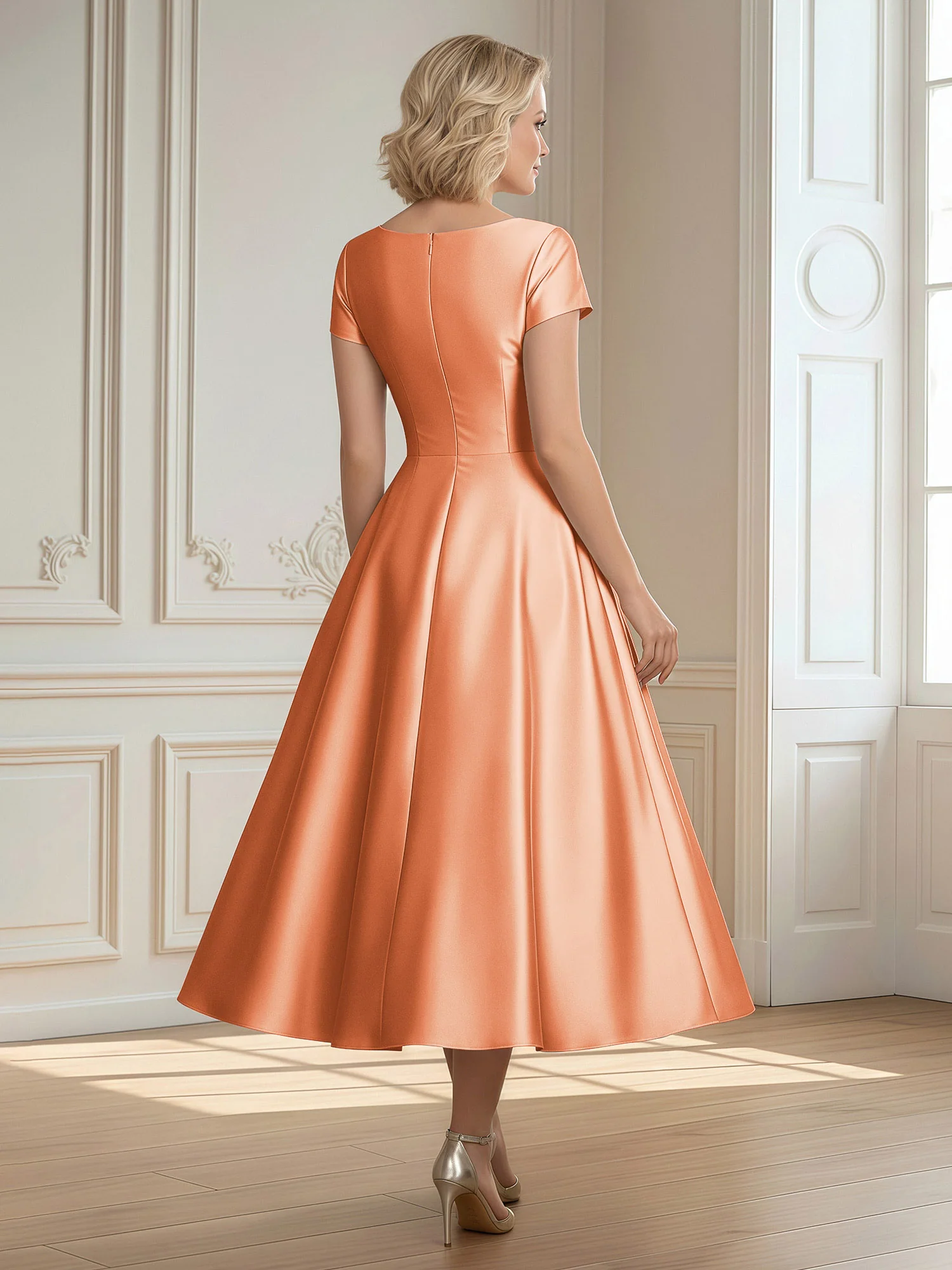 A-Line Scoop Satin Tea-Length Dress With Pleated Papaya - Image 2