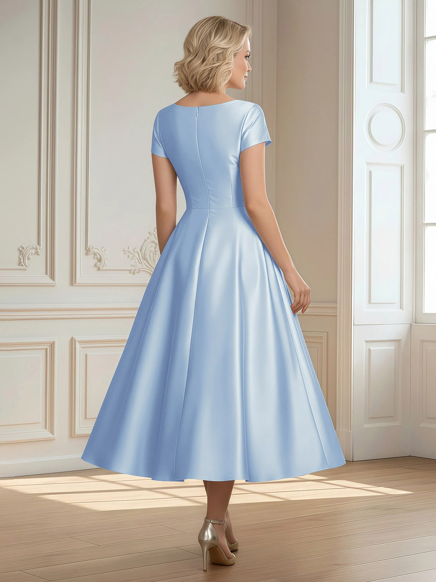 A-Line Scoop Satin Tea-Length Dress With Pleated Sky Blue - Image 2