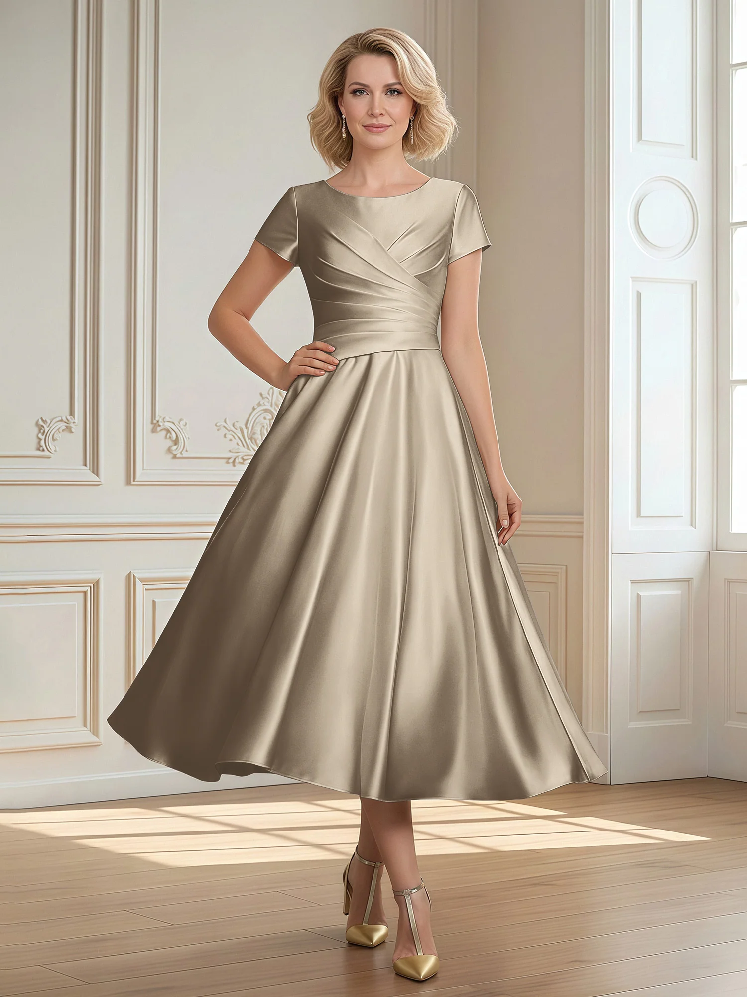 A-Line Scoop Satin Tea-Length Dress With Pleated Taupe