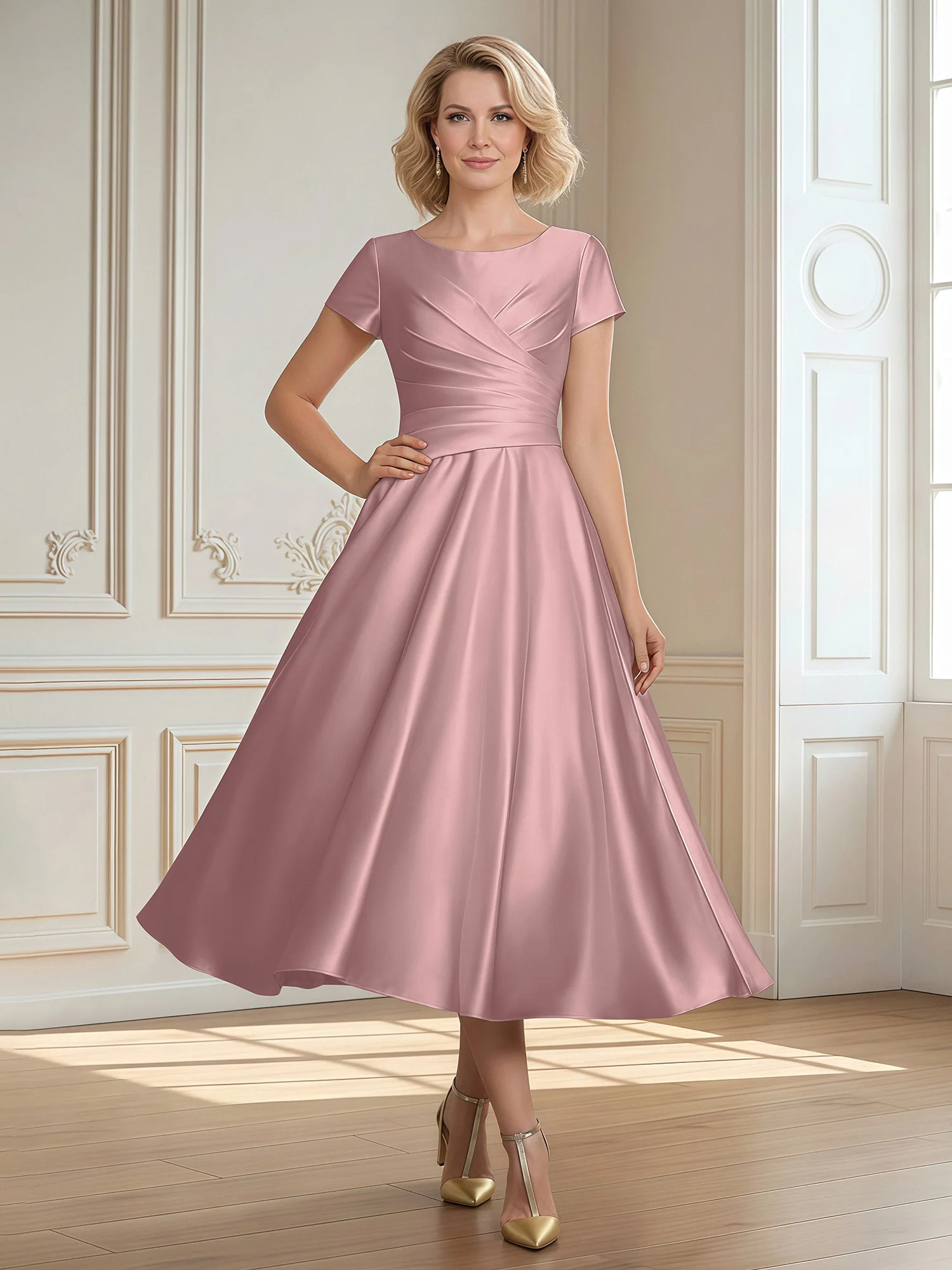A-Line Scoop Satin Tea-Length Dress With Pleated Vintage Mauve