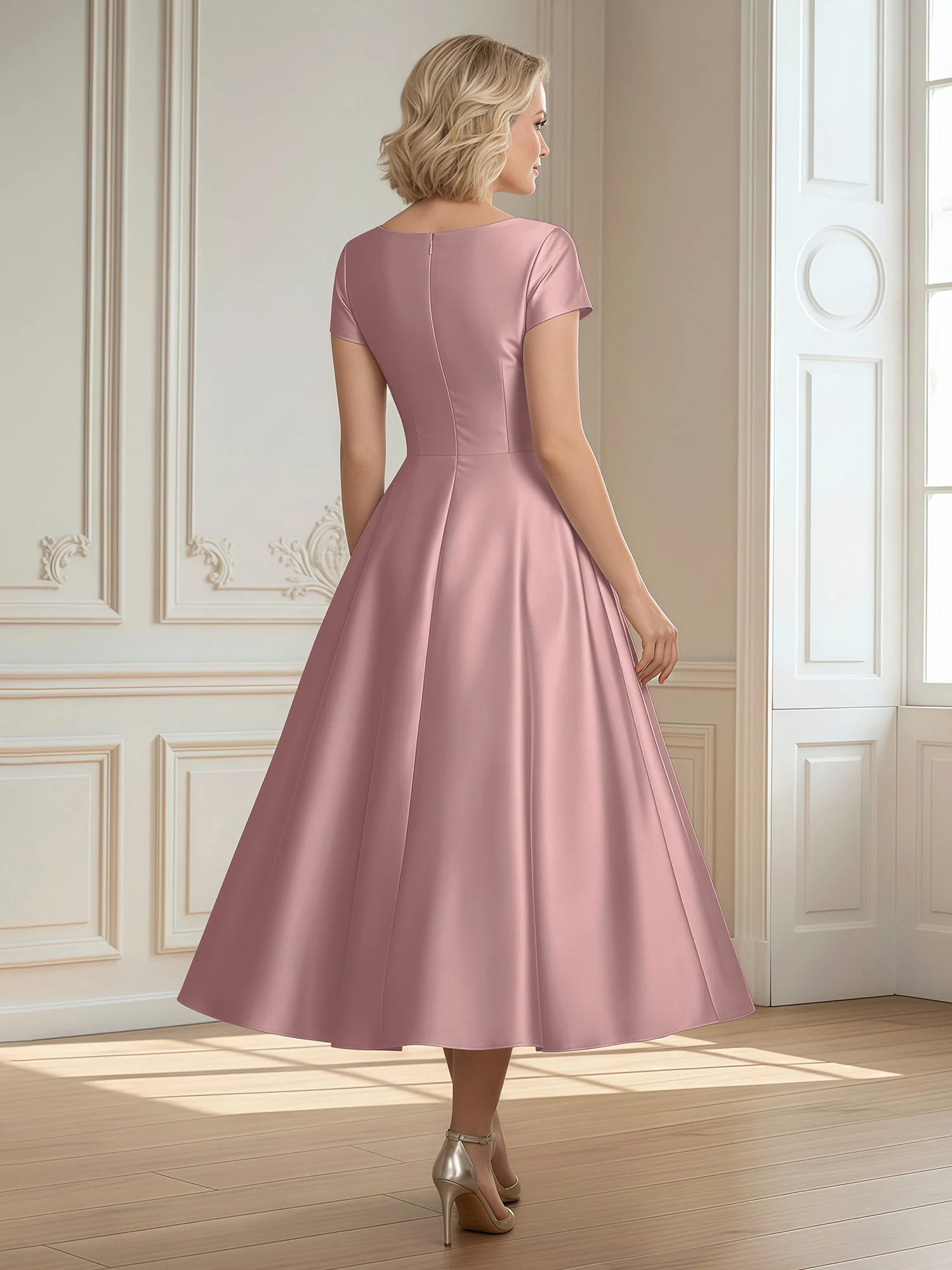 A-Line Scoop Satin Tea-Length Dress With Pleated Vintage Mauve - Image 2