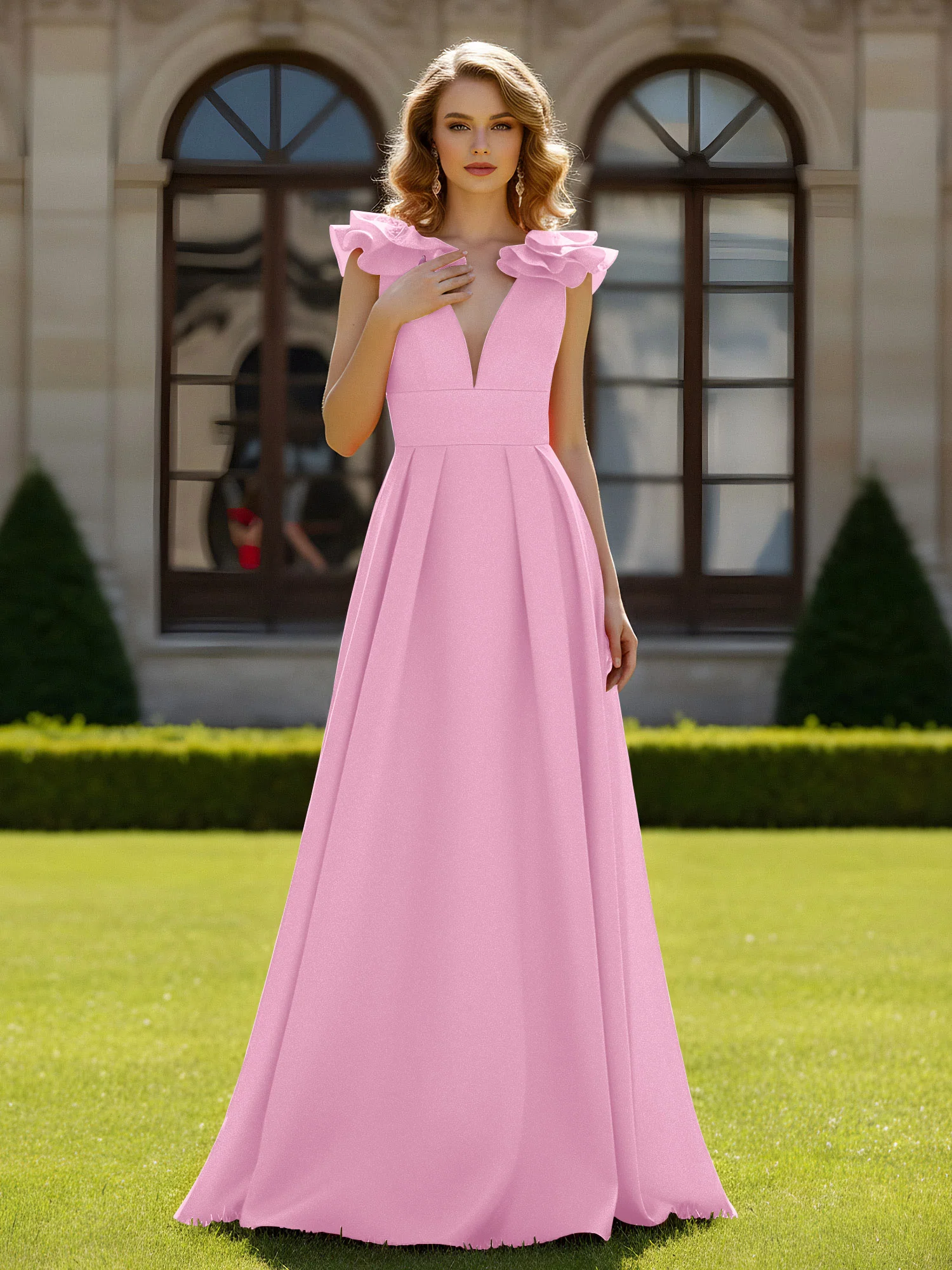 A-line Sculptural Shoulder Ruffle V-neck Long Dress Candy Pink
