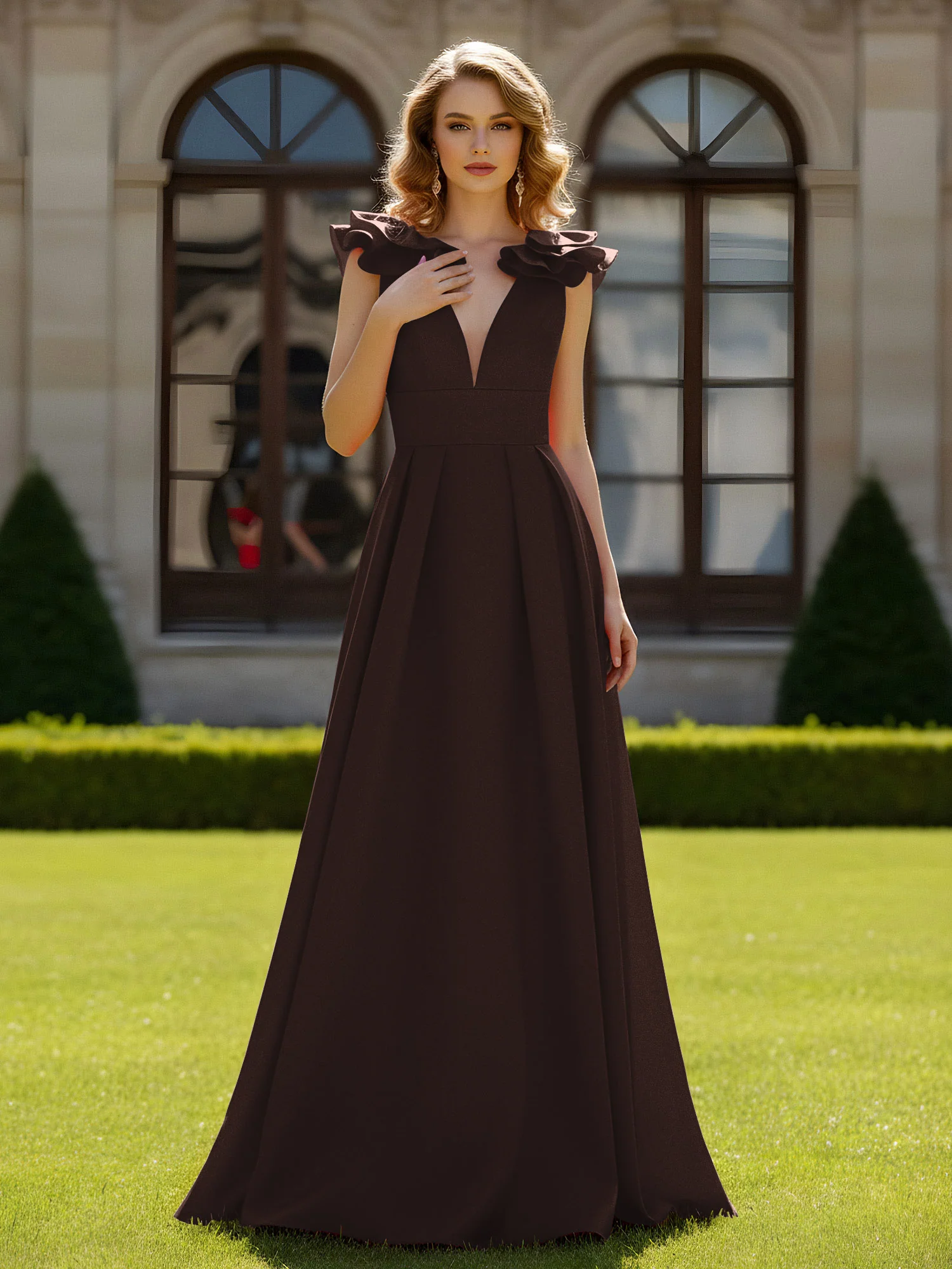 A-line Sculptural Shoulder Ruffle V-neck Long Dress Chocolate