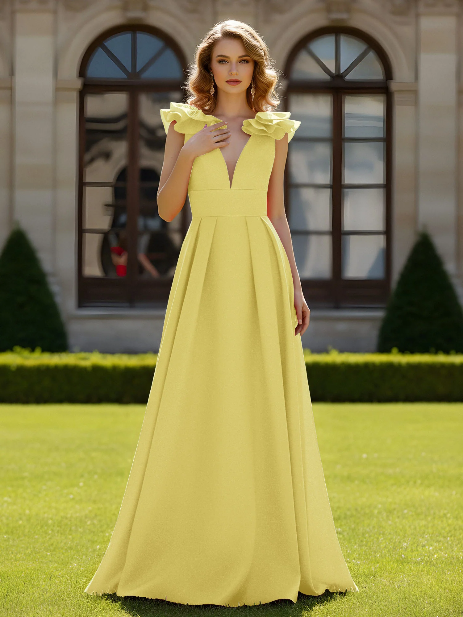 A-line Sculptural Shoulder Ruffle V-neck Long Dress Daffodil