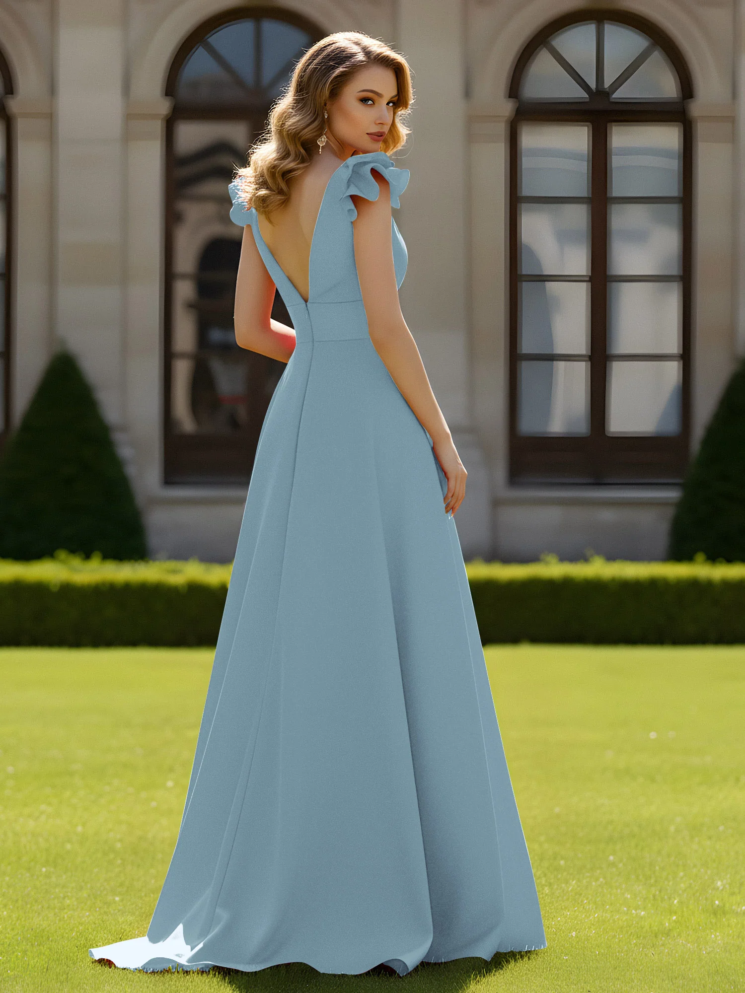 A-line Sculptural Shoulder Ruffle V-neck Long Dress Dusty Blue - Image 2