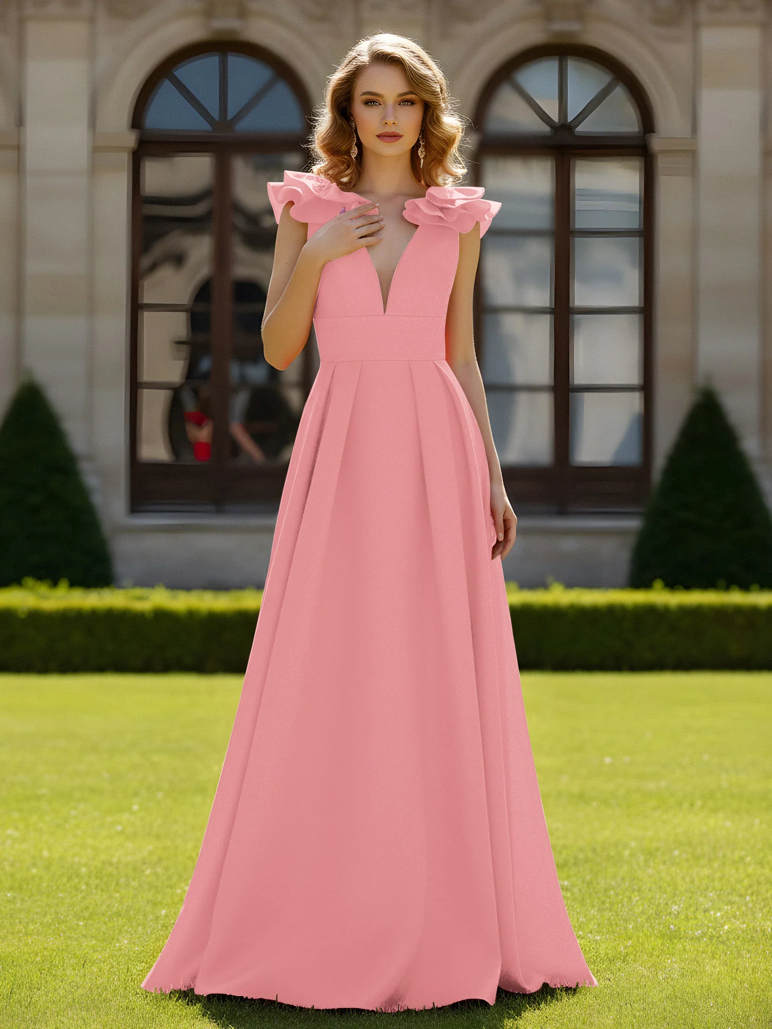 A-line Sculptural Shoulder Ruffle V-neck Long Dress Flamingo