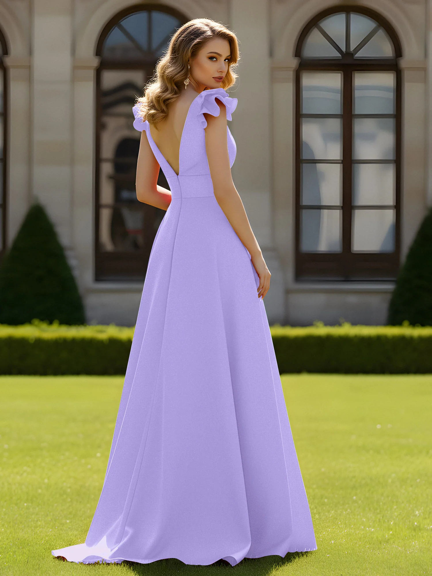 A-line Sculptural Shoulder Ruffle V-neck Long Dress Lilac - Image 2