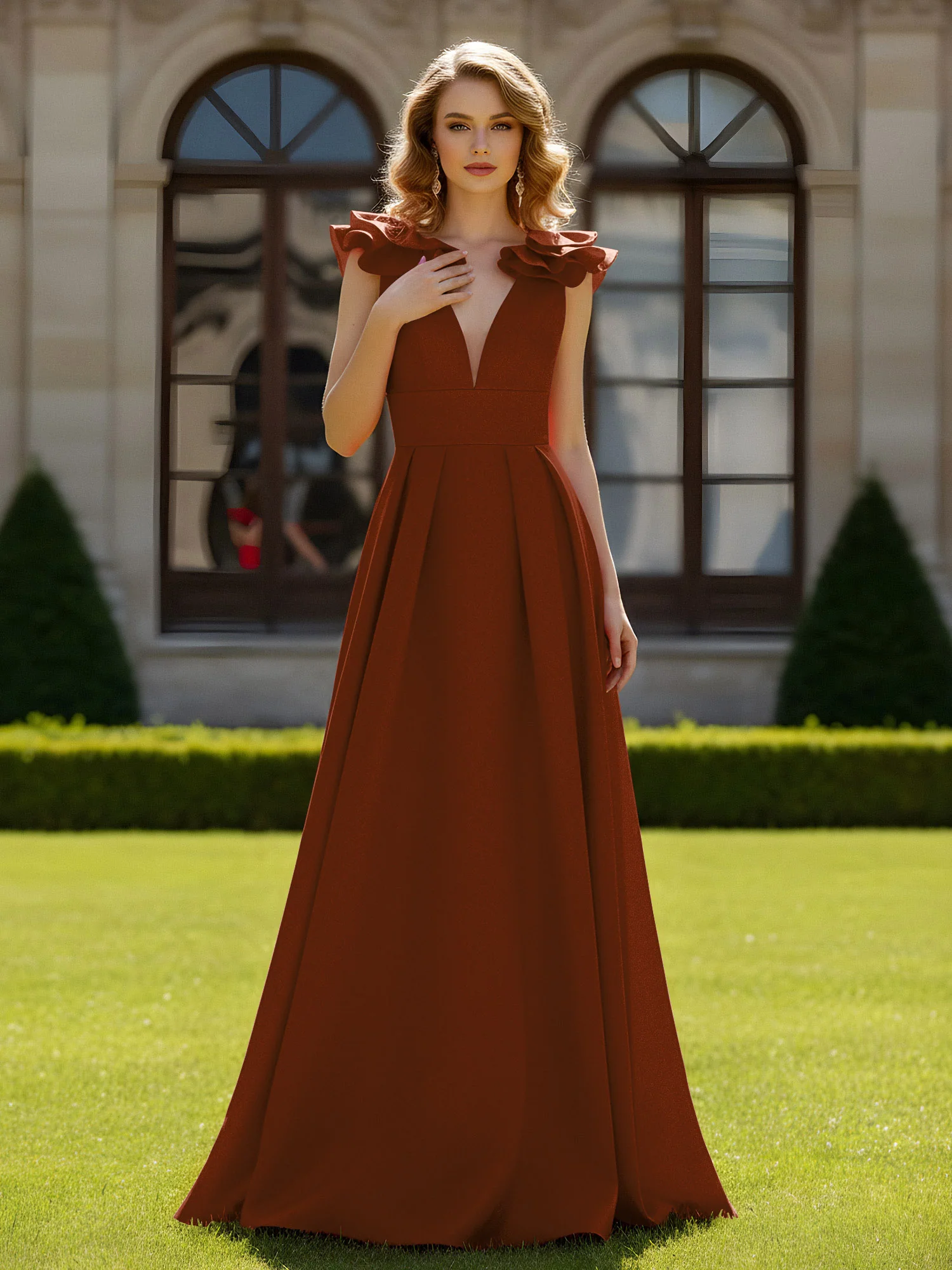 A-line Sculptural Shoulder Ruffle V-neck Long Dress Terracotta