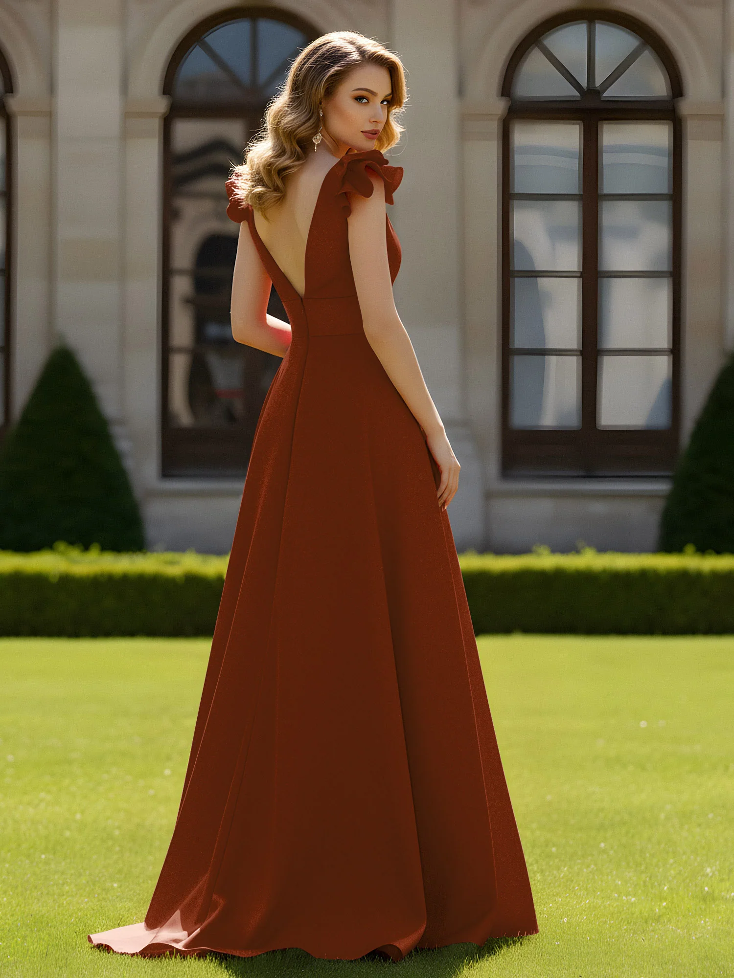 A-line Sculptural Shoulder Ruffle V-neck Long Dress Terracotta - Image 2