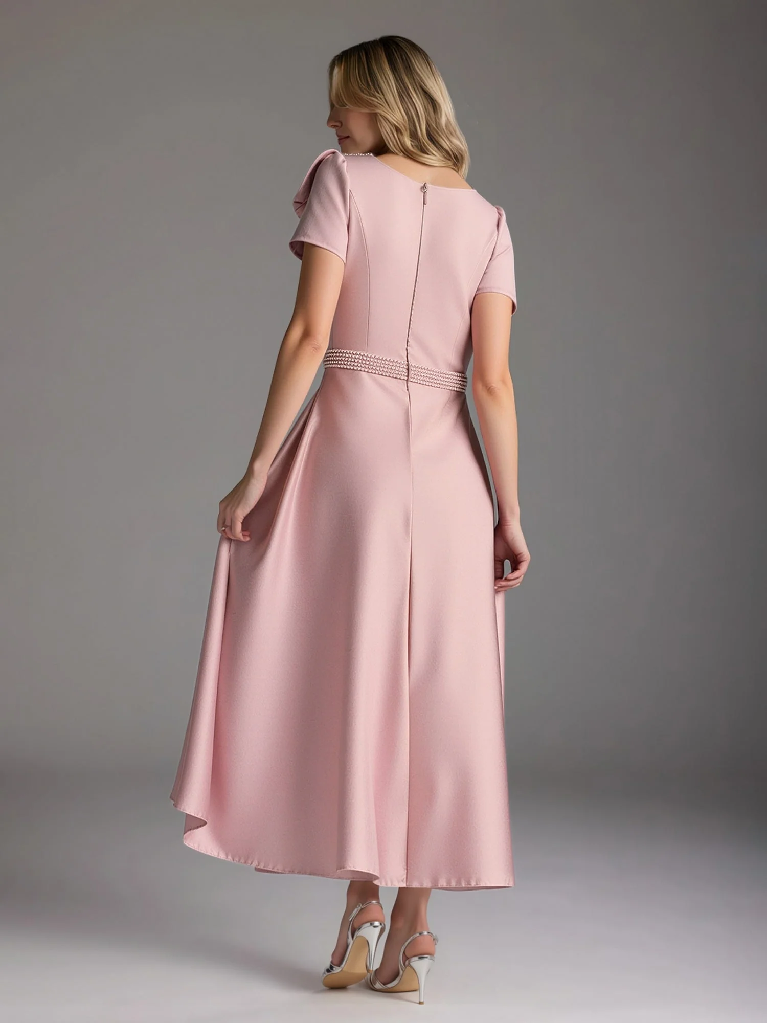 A-Line Short Sleeves Bowknot Beaded Dress With Pockets Marigold - Image 4