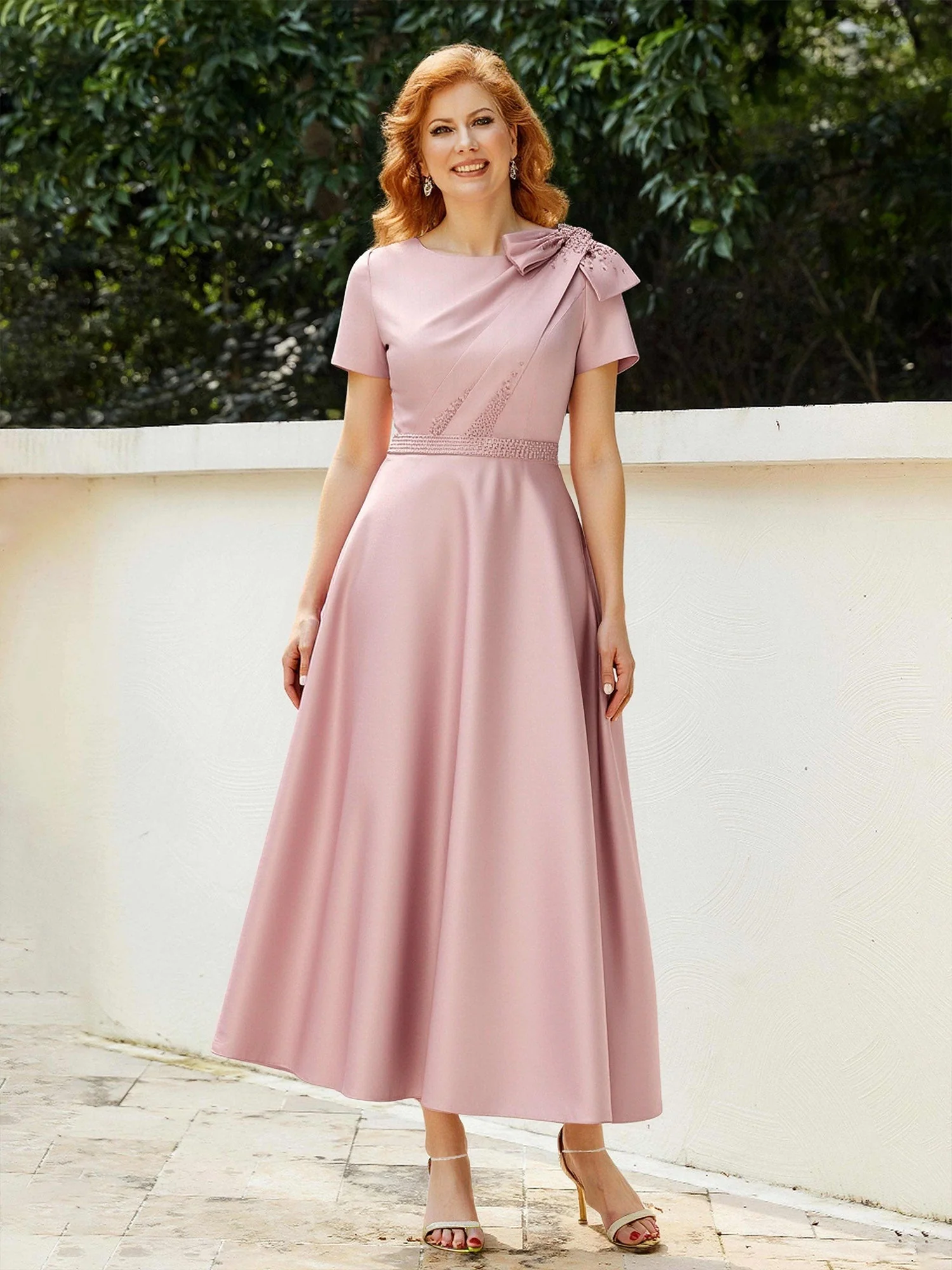 A-Line Short Sleeves Bowknot Beaded Dress With Pockets Mist