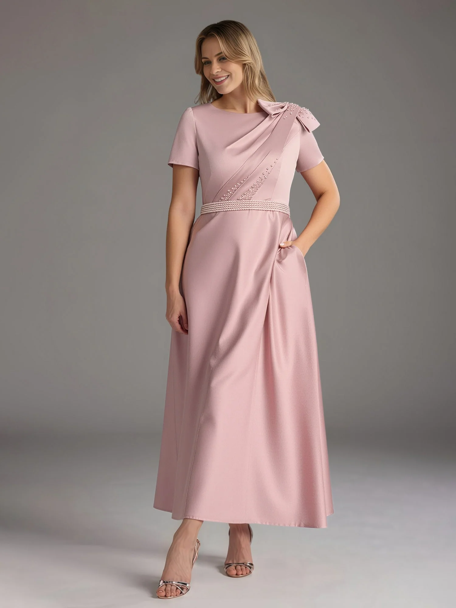 A-Line Short Sleeves Bowknot Beaded Dress With Pockets Vintage Mauve - Image 3